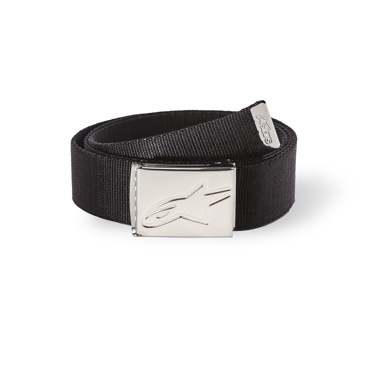 Alpinestars Ageless Web Belt, zwarte webriem met zilveren chromen metalen gesp, verdiept sterlogo, getextureerde webband, metalen uiteinde met branding, casual sportaccessoire