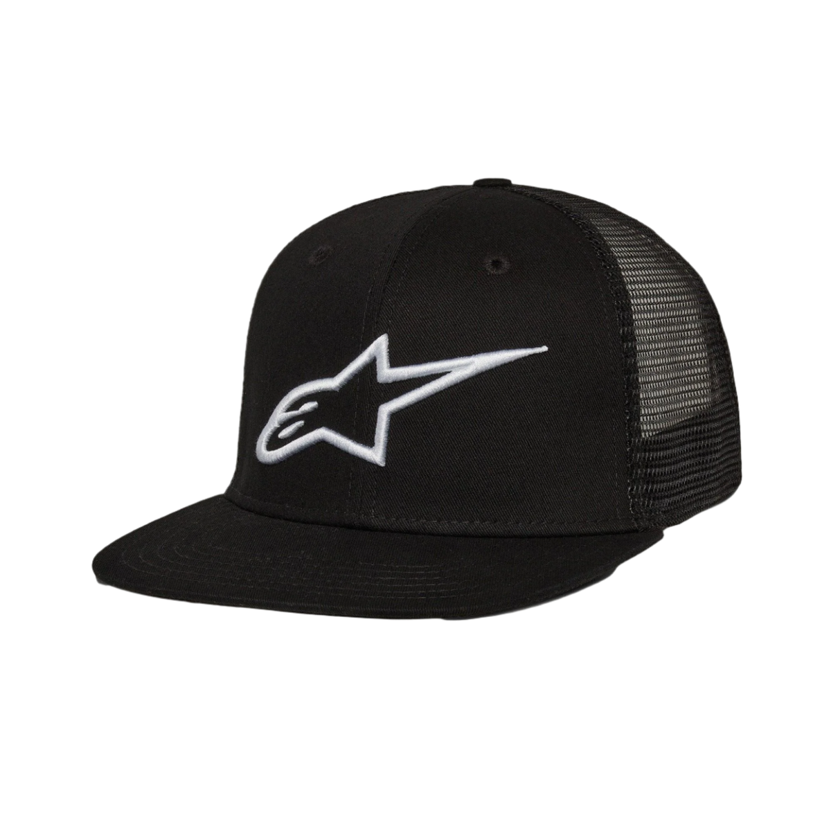 Alpinestars Corp Trucker pet, truckerpet met platte klep, zwart, wit 3D geborduurd Alpinestars-logo op de voorzijde, mesh panelen aan de achterkant, gestructureerde kroon, casual motorsport streetwear