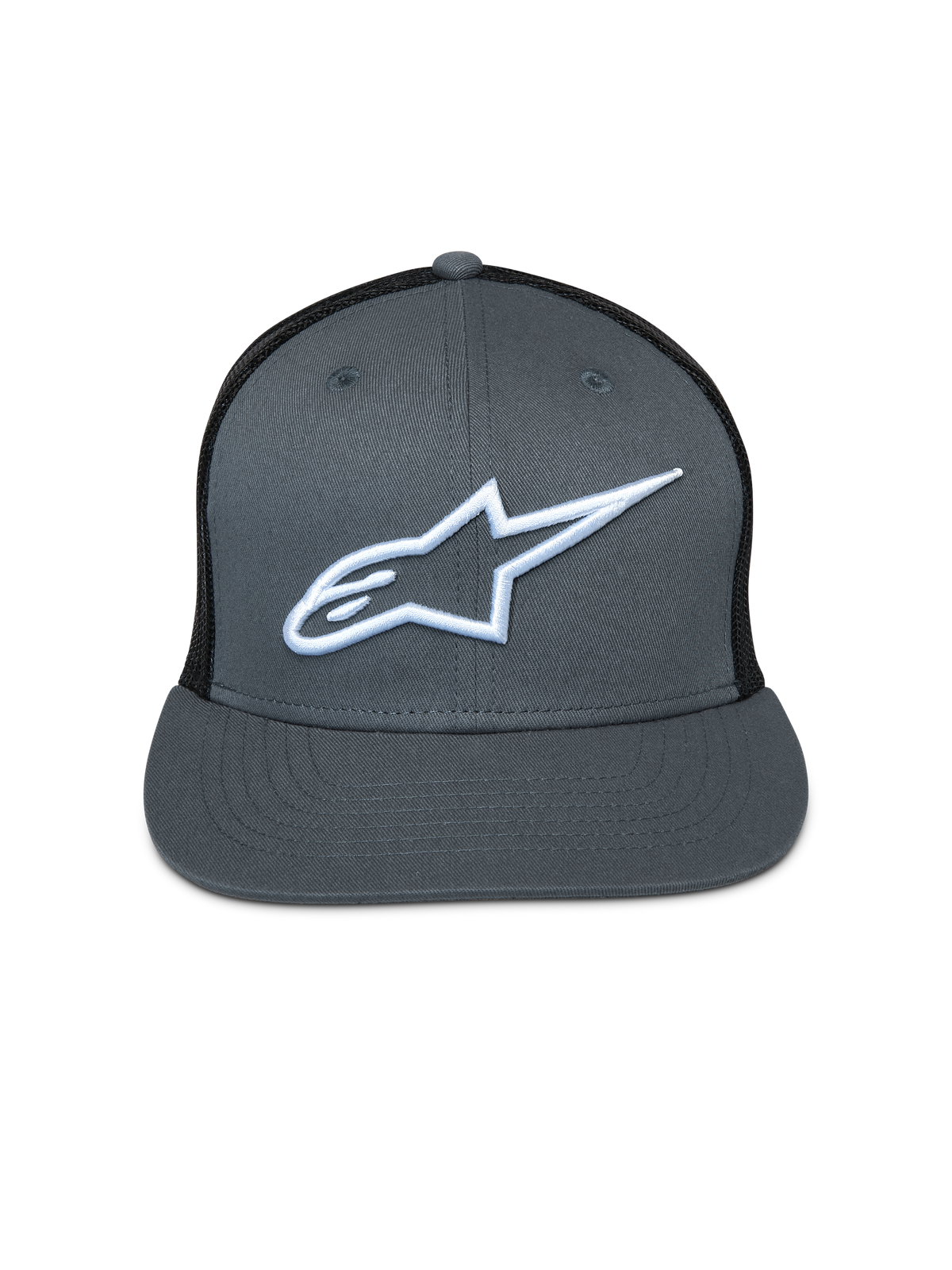 Alpinestars Corp Trucker pet, grijze voorkant met zwarte mesh achterkant, platte klep, wit geborduurd Astar-logo, casual motorsport hoofdbedekking