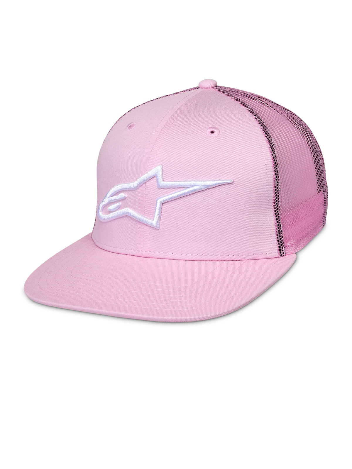 Alpinestars Corp Trucker pet, roze snapback met wit sterlogo, mesh achterpanelen, gestructureerd ontwerp met zes panelen en ventilatieopeningen