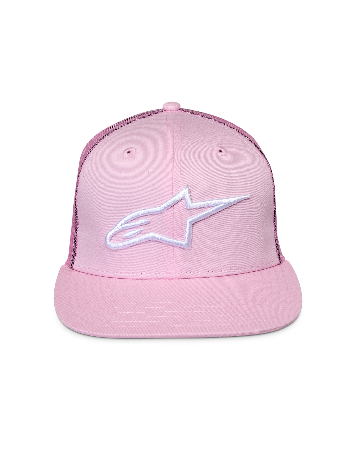 Alpinestars Corp Trucker pet, roze, met wit geborduurd logo op de voorzijde, platte klep en gestructureerde kroon, mesh achterpanelen, casual motorsport hoofdbedekking