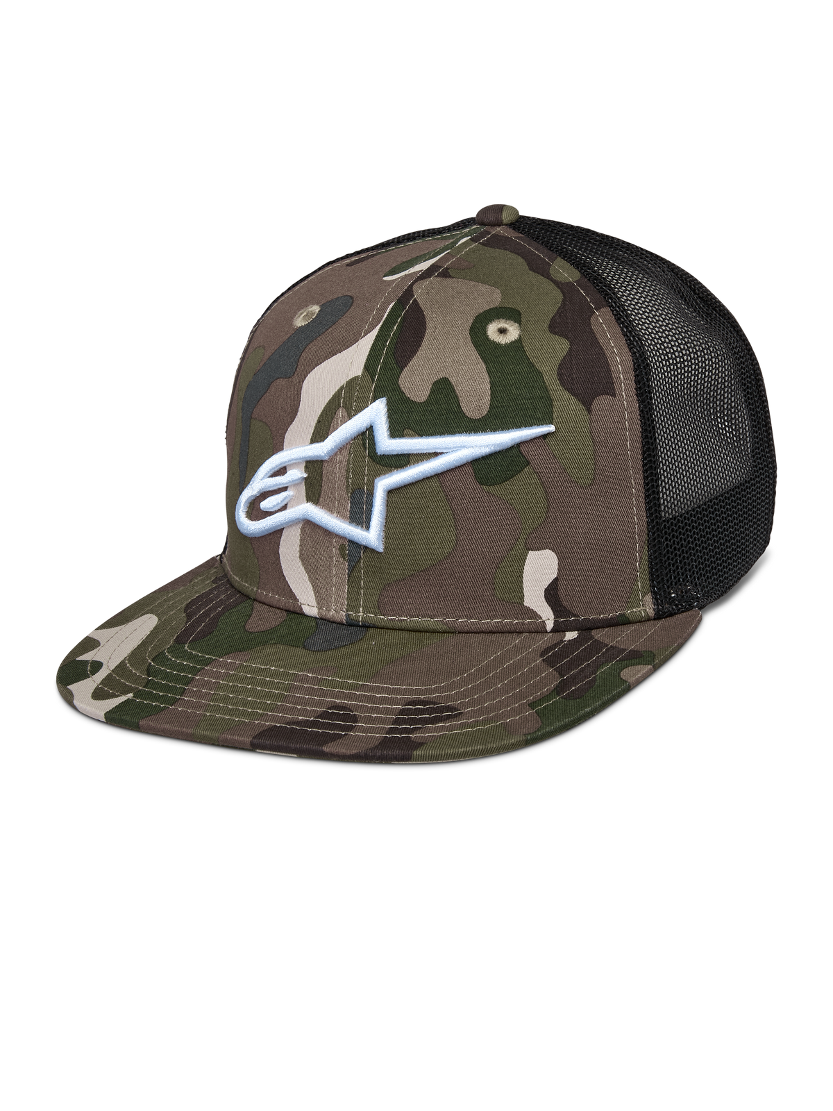 Alpinestars Corp Trucker pet, groene camouflage en zwart, camouflagepatroon met wit geborduurd A-star logo, zwarte mesh achterpanelen, platte klep, casual lifestyle pet