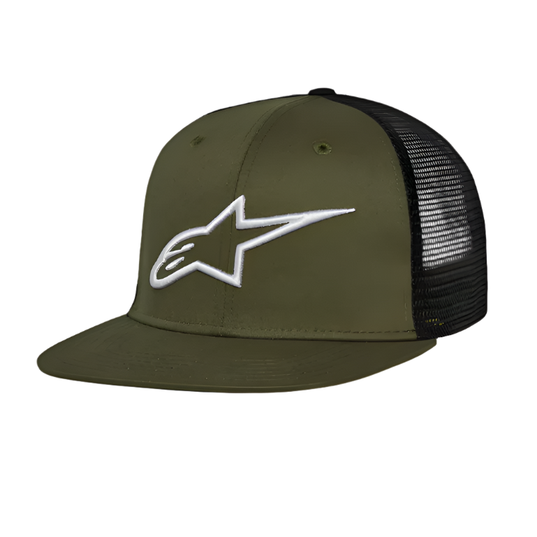 Alpinestars Corp Trucker pet, trucker pet met platte klep, militair groen en zwart, wit 3D geborduurd Alpinestars logo op de voorzijde, twill voorkant en mesh achterkant, casual motorsport hoofdbedekking