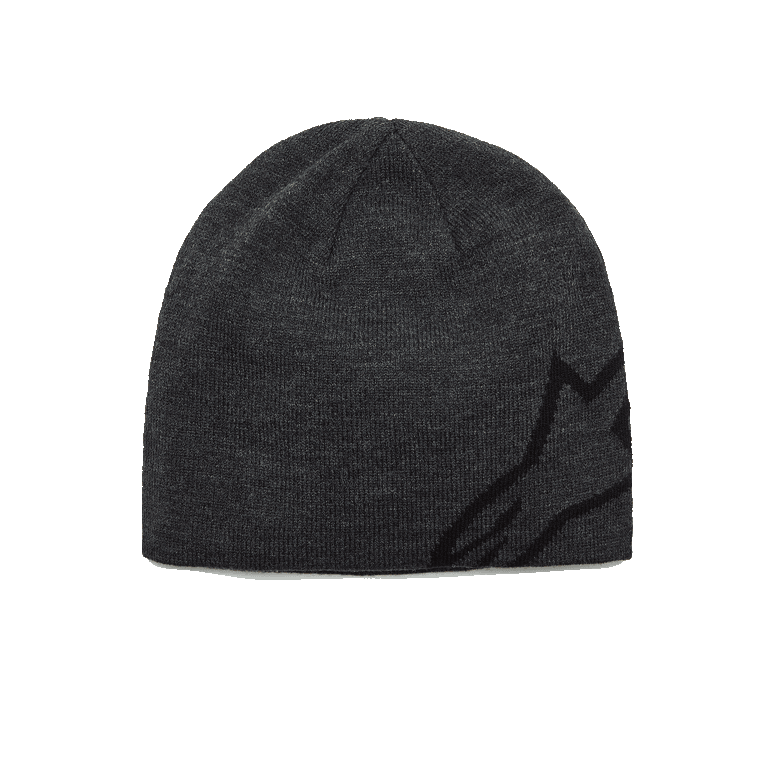 Alpinestars Corp Shift Beanie, gebreide muts, donkergrijs gemêleerd en zwart, met een groot zwart jacquard Alpinestars-logo aan de zijkant, jersey gebreide constructie, casual op de motorsport geïnspireerde wintermuts