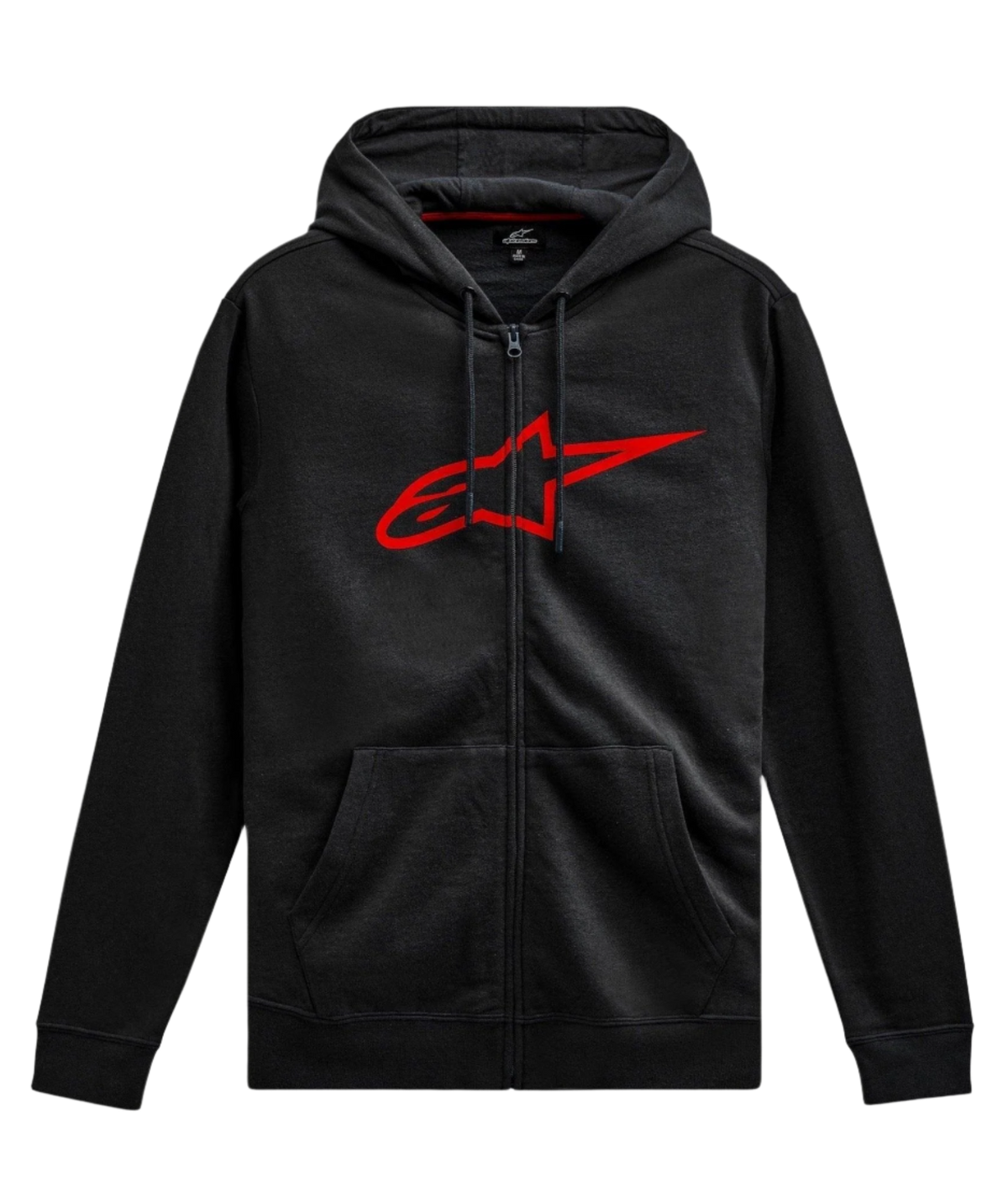 Alpinestars Ageless Zip V3 Hoodie, casual motorsport streetwear, zwart met rood Astars-logo, volledige ritssluiting, capuchon met trekkoord, lange mouwen, geribbelde manchetten en zoom