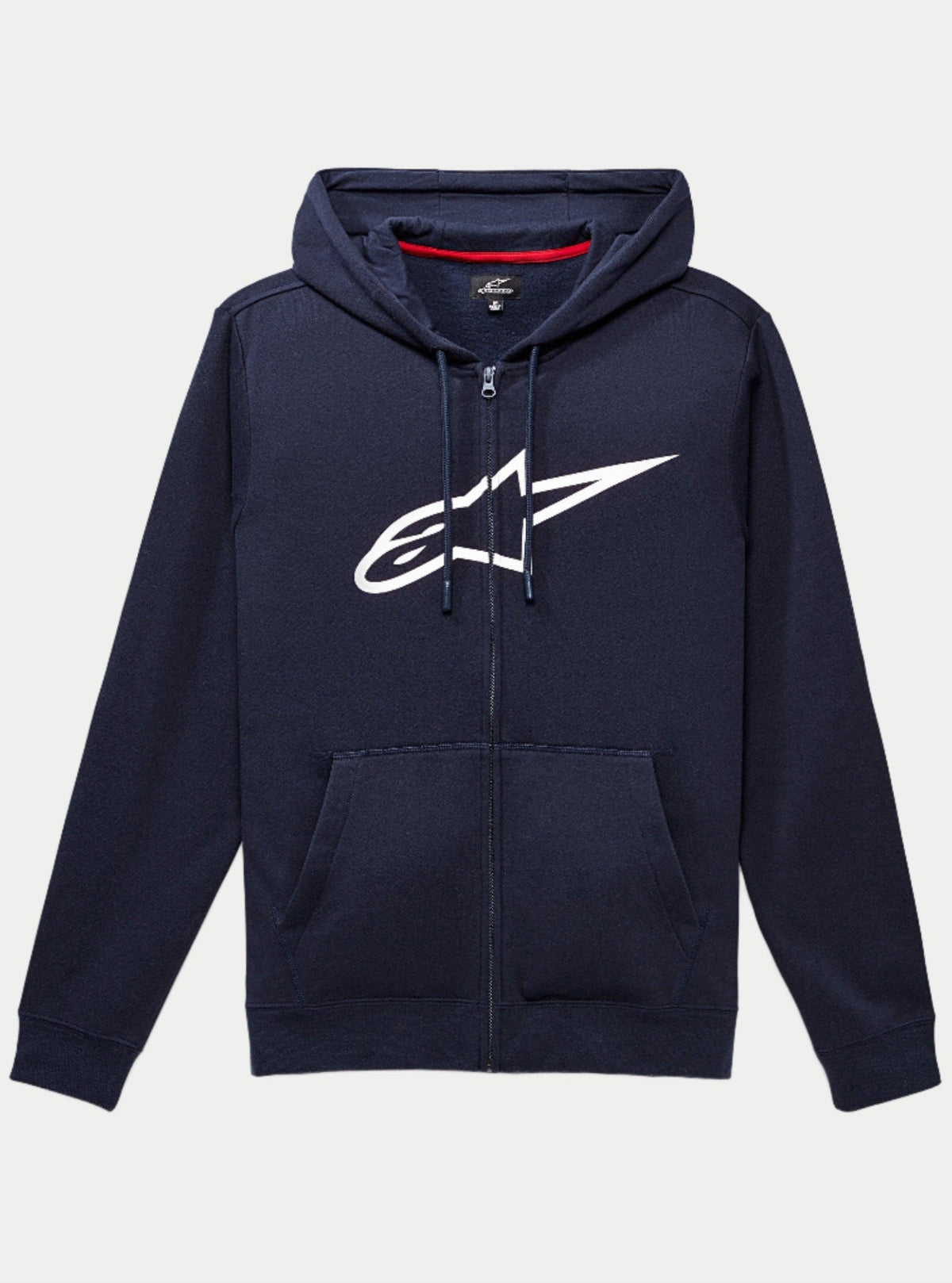 Alpinestars Ageless Zip V3 Hoodie, donkerblauwe fleece hoodie met volledige ritssluiting en een groot wit Alpinestars-logo op de borst, capuchon met trekkoord, zakken aan de voorkant, casual motorsport-geïnspireerde streetwear