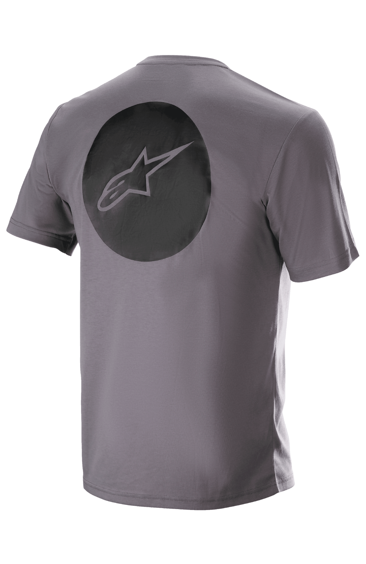 Alpinestars Dot Tech Tee, korte mouwen, Sparrow Gray, achteraanzicht met een grote zwarte cirkelvormige graphic met het Alpinestars ster-logo, technische vochtafvoerende MTB-kleding
