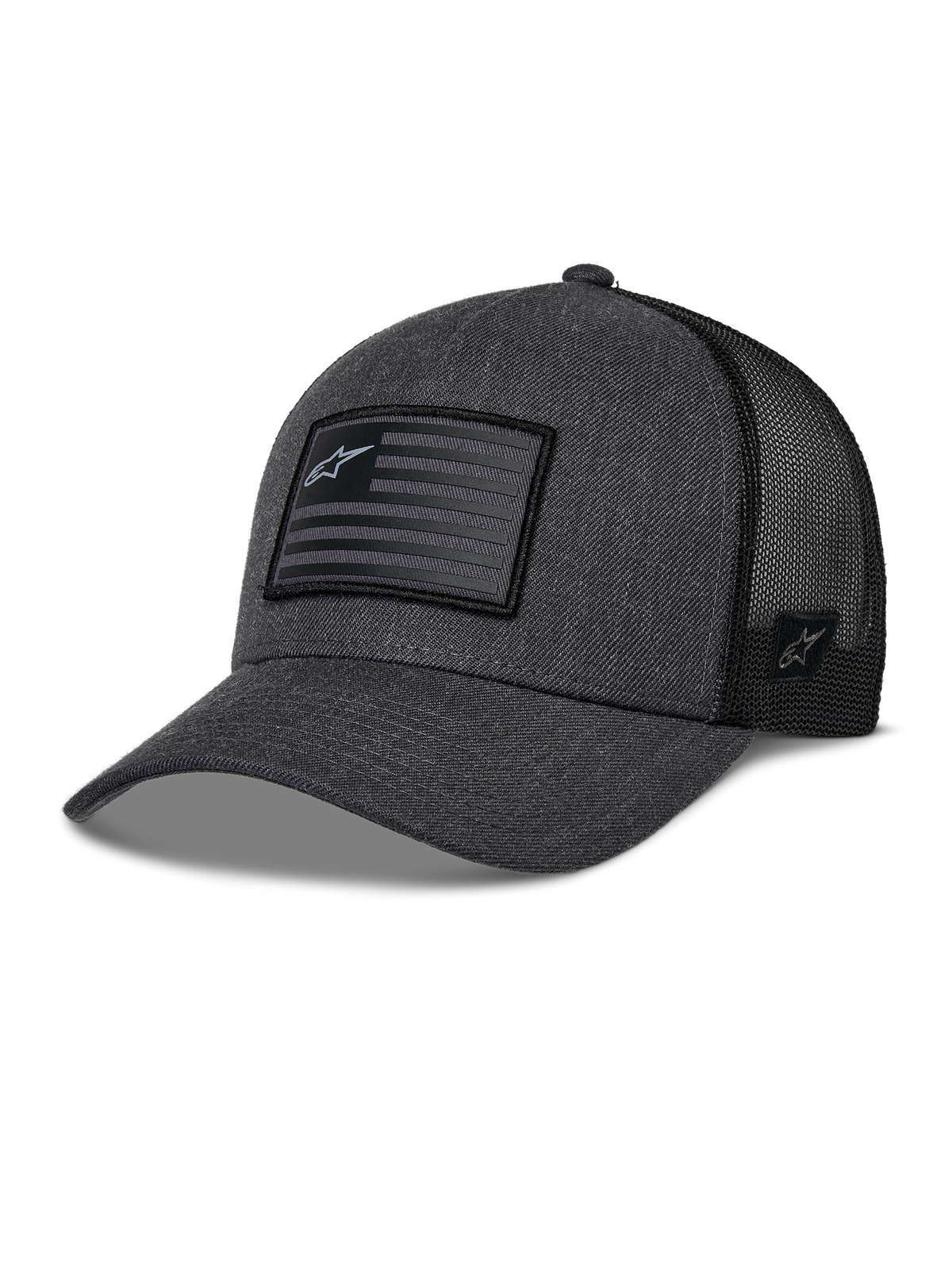 Alpinestars Flag Snapback pet, donkergrijs gemêleerd en zwart, trucker-stijl honkbalpet, rechthoekige vlag-patch met ster-logo, gebogen klep en ademende mesh achterkant