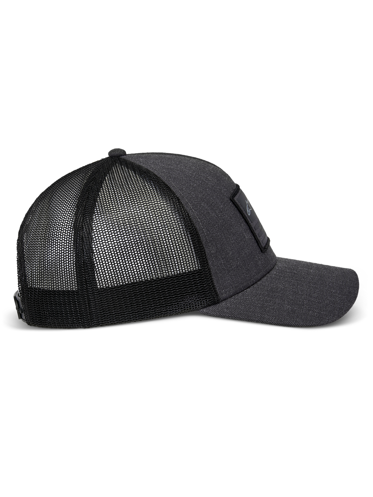 Alpinestars Flag Snapback pet in Charcoal Heather Black, zijaanzicht met gebogen klep, gestructureerd twill voorpaneel met een merrow-patch en ademende achterkant van polyester mesh.