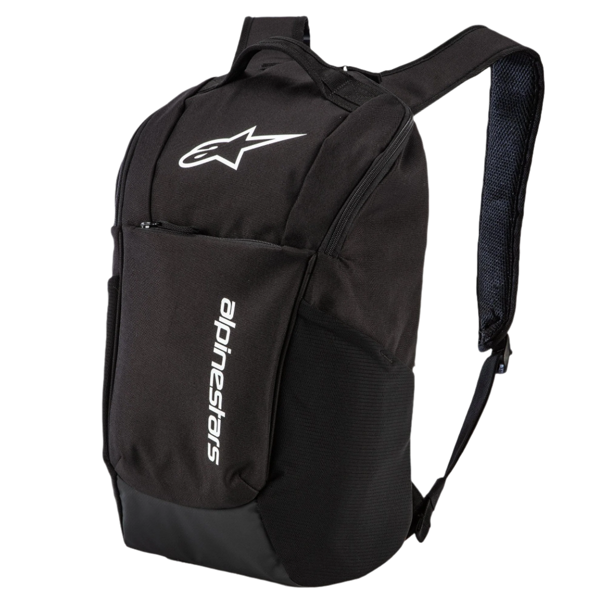 Alpinestars Defcon V2 Rugzak, zwart, kleine dagrugzak met wit gedrukt logo en verticale branding, voorzien van zijzakken van gaas en airmesh schouderbanden, duurzaam 600D polyester ontwerp