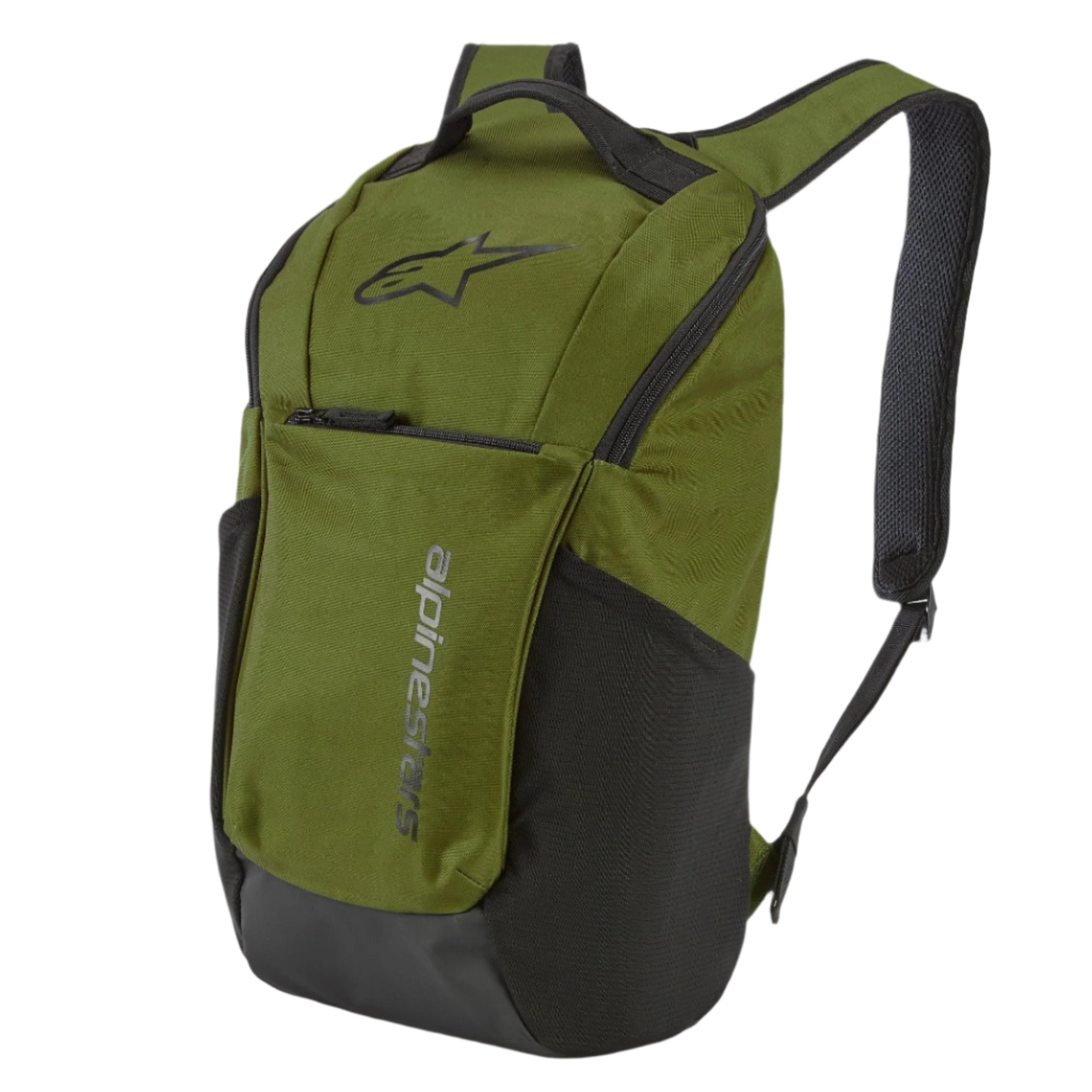 Alpinestars Defcon V2 rugzak, sportswear rugzak, militair groen met zwarte accenten, voorzien van het Astar-logo en verticale branding, mesh zijvakken en gevoerde airmesh schouderbanden