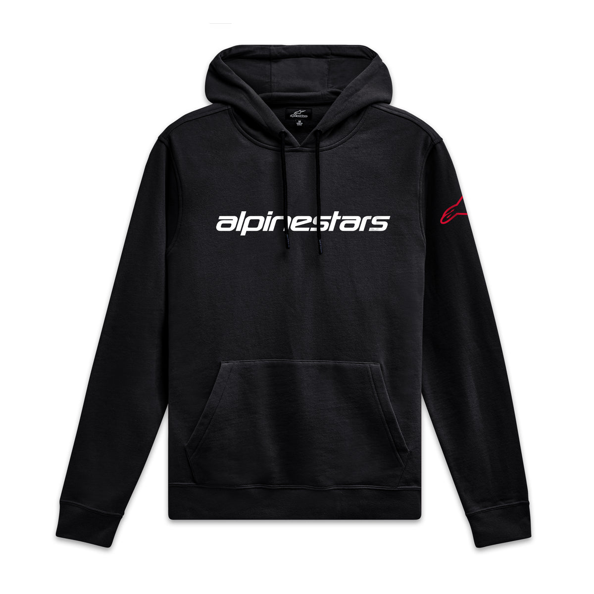 Alpinestars Linear Wordmark V3 Hoodie, zwarte sportieve hoodie met capuchon, wit logo op de borst en rode merkopdruk op de mouw