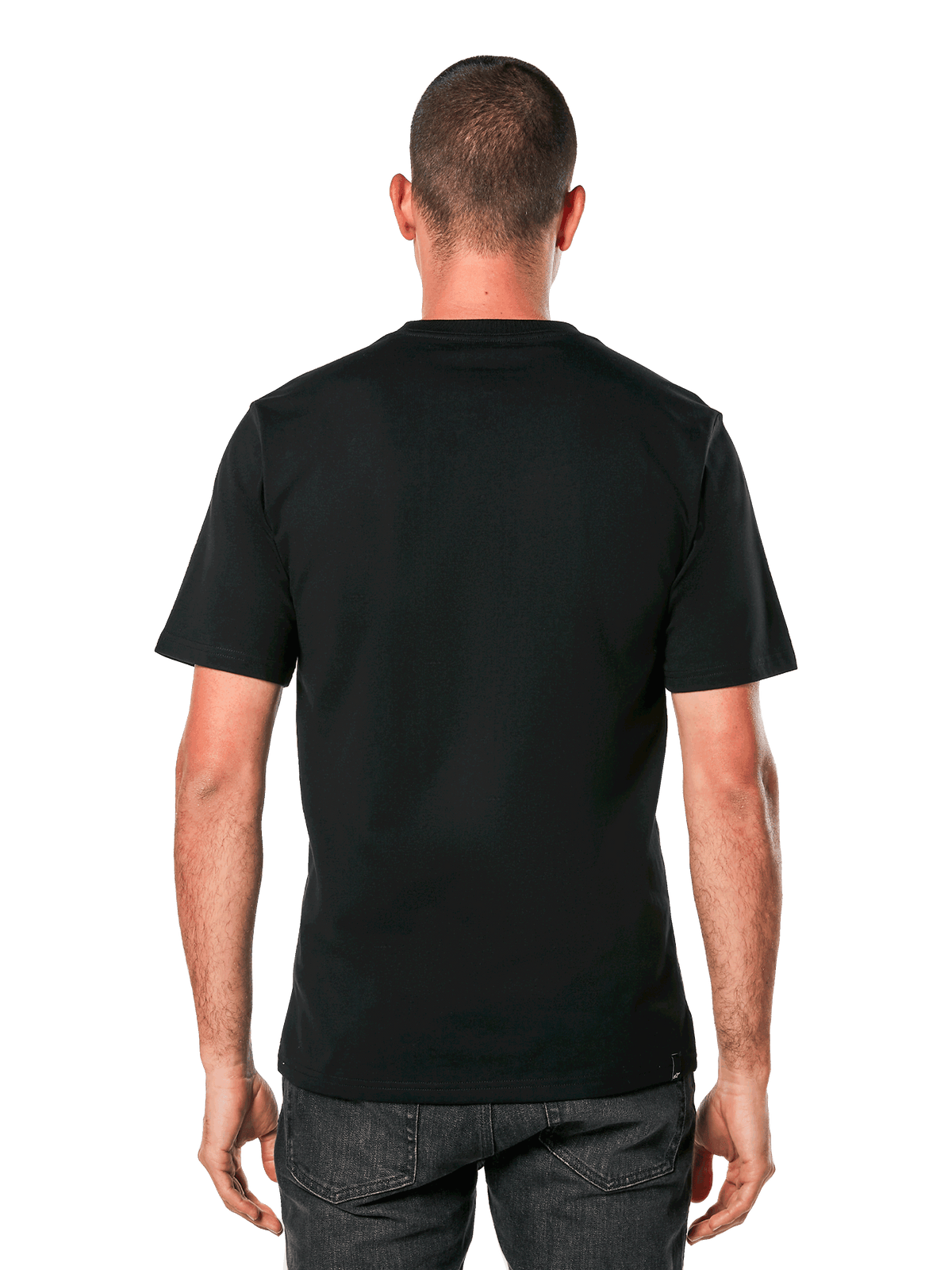 Alpinestars Ageless 2.0 CSF Tee, T-shirt met korte mouwen, zwart, achteraanzicht op model, effen ontwerp met cut and sew-pasvorm, casual motorsport-geïnspireerde sportkleding