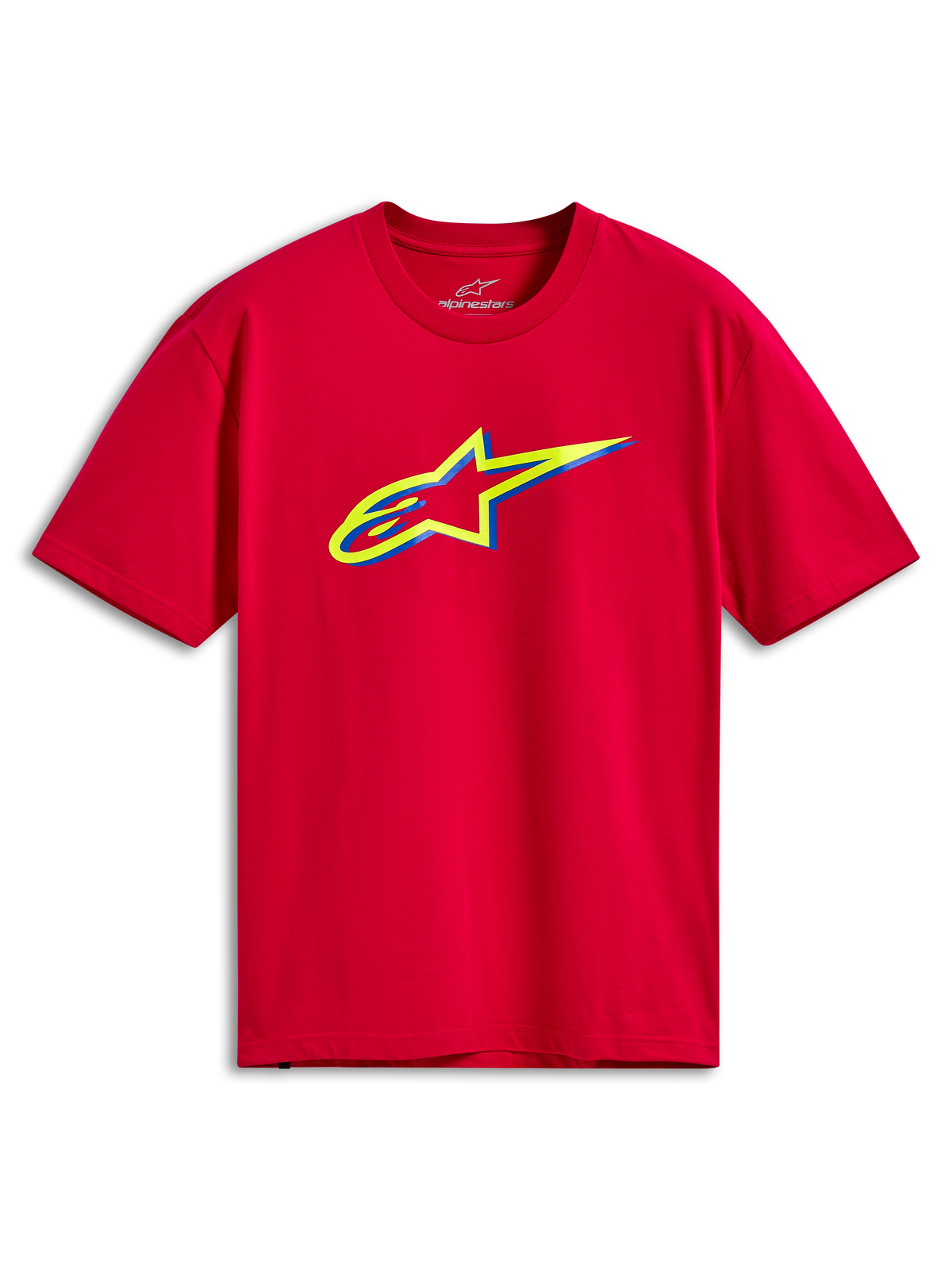 Alpinestars Ageless Shadow CSF Tee, T-shirt met korte mouwen, rood, met een geel en blauw gelaagd Ageless-logo op de borst, casual motorsport streetwear