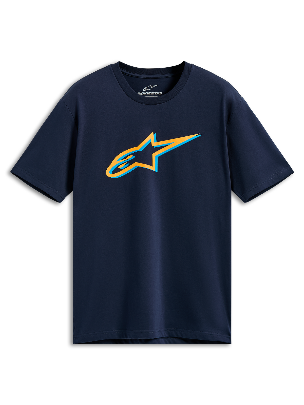 Alpinestars Ageless Shadow CSF Tee, T-shirt met korte mouwen, donkerblauw, oranje en lichtblauw Ageless Shadow-logo op de borst, casual sportkleding