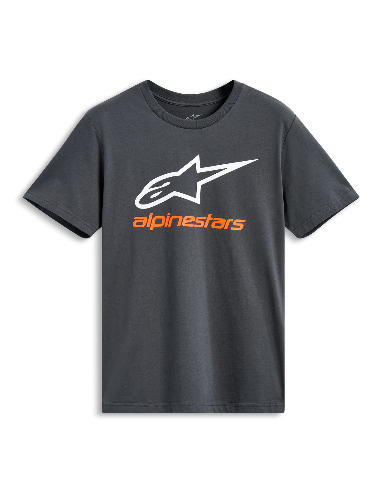 Alpinestars Always 2.0 CSF Tee, T-shirt met korte mouwen, antraciet, groot wit Alpinestars-logo met oranje merknaam, casual motorsport streetwear