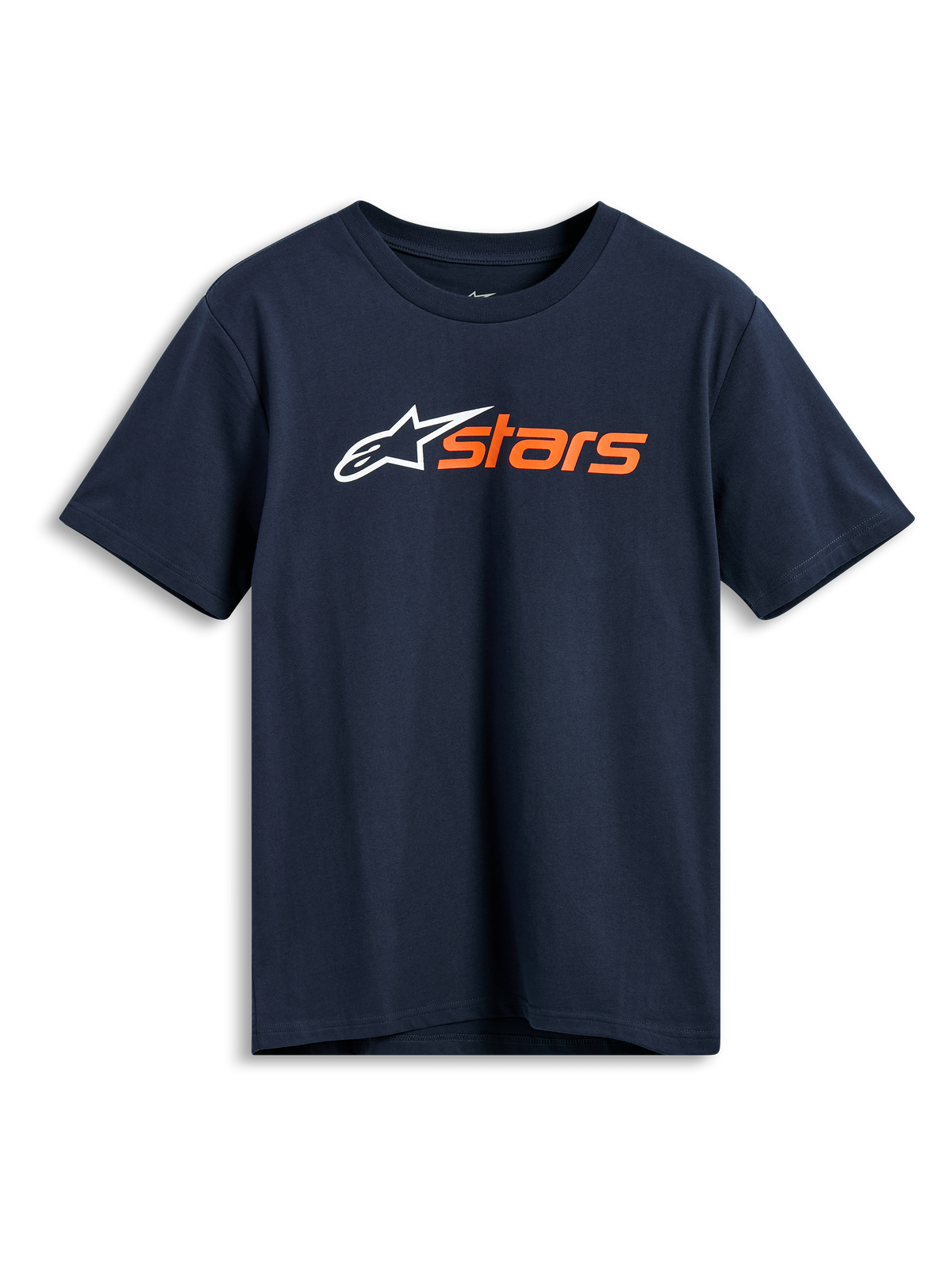 Alpinestars Blaze 2.0 CSF Tee, T-shirt met korte mouwen, marineblauw, wit Alpinestars-logo en oranje 'stars' op de borst, casual motorsport sportkleding