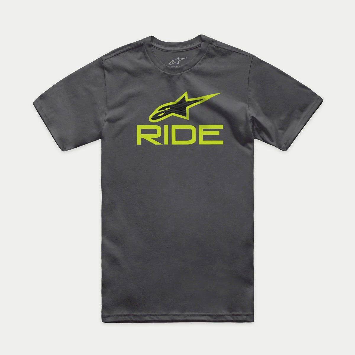 Alpinestars Ride 4.0 CSF Tee, T-shirt met korte mouwen, antraciet, limegroen en zwart Astars-logo met RIDE-tekst, casual motorsport sportkleding