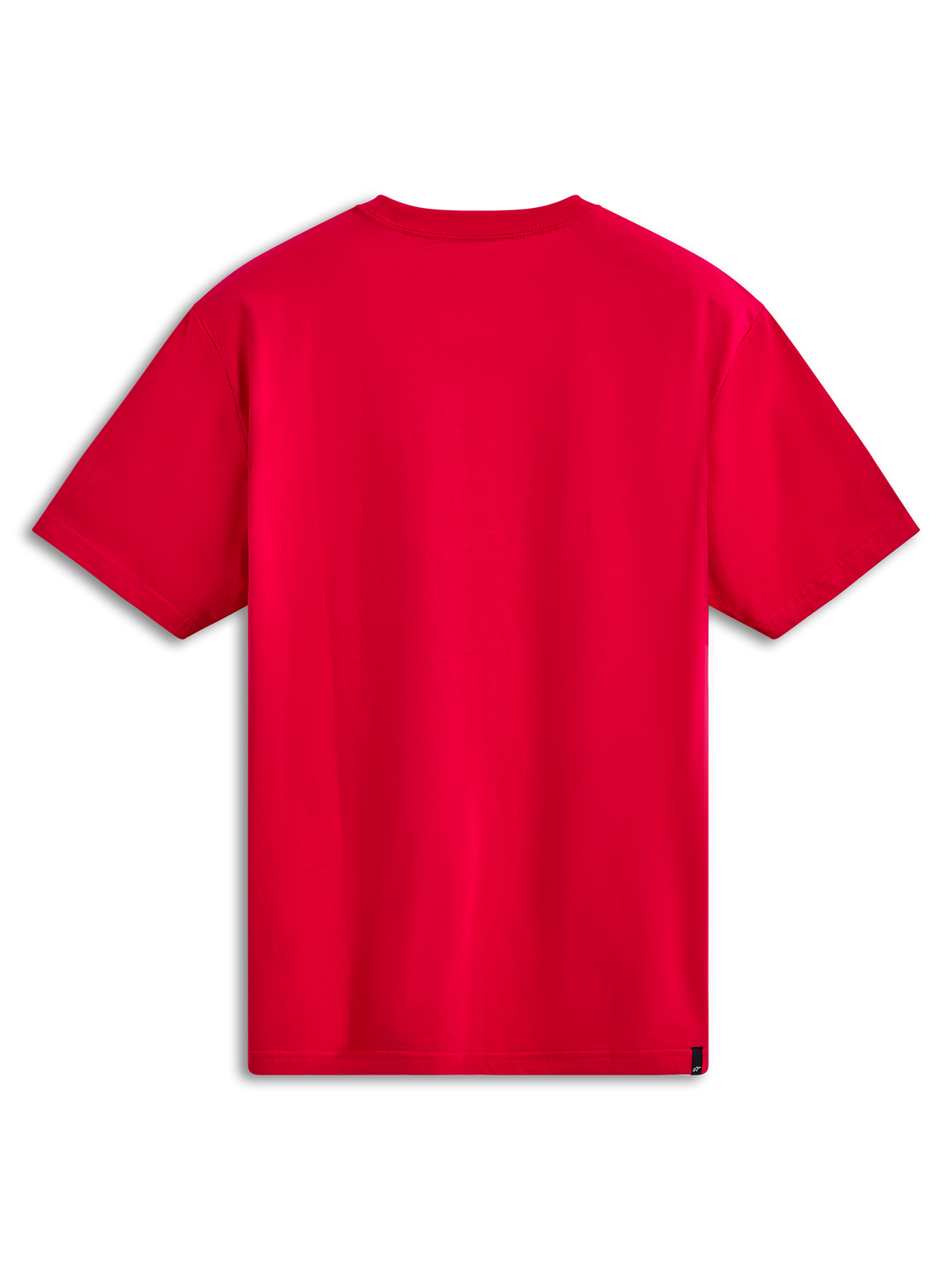 Alpinestars Ride 4.0 CSF Tee, Short Sleeve T-Shirt, Red, back view showing plain red fabric, small black woven label on bottom hem, casual motorsport streetwear