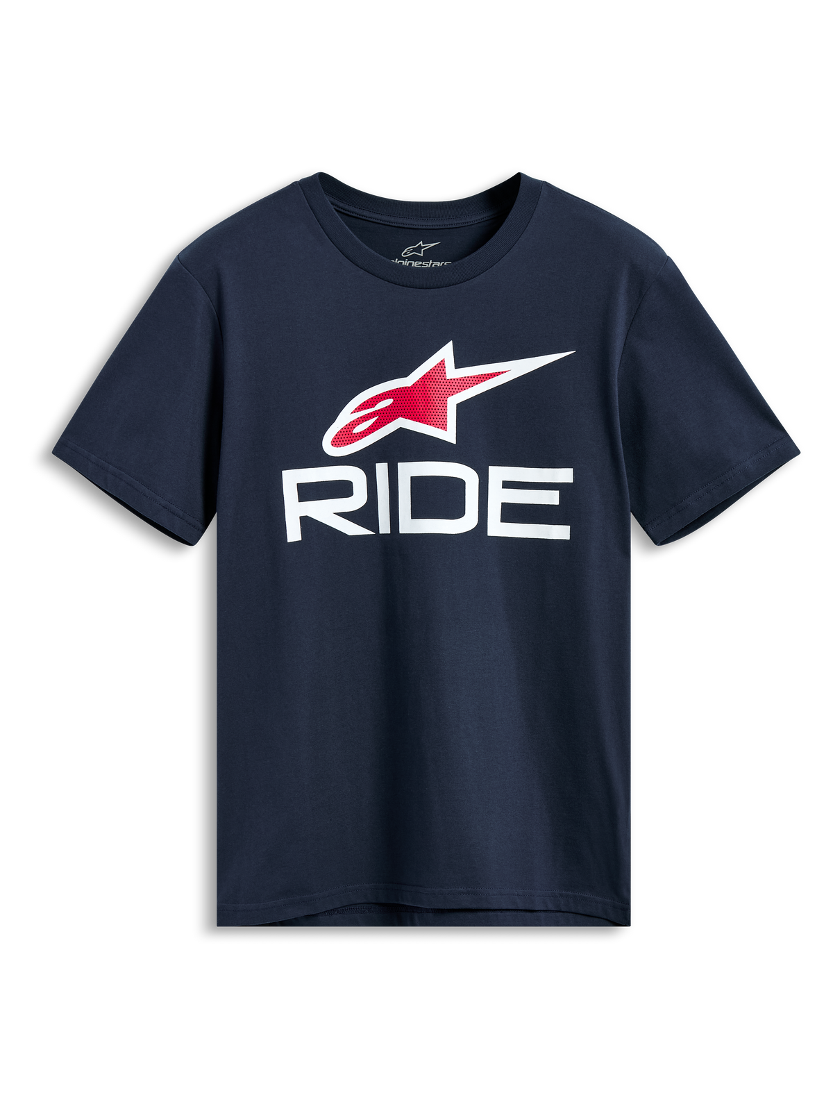 Alpinestars Ride 4.0 CSF Tee, T-shirt met korte mouwen, marineblauw, rood en wit Astars-logo met witte RIDE-graphic, casual motorsport streetwear