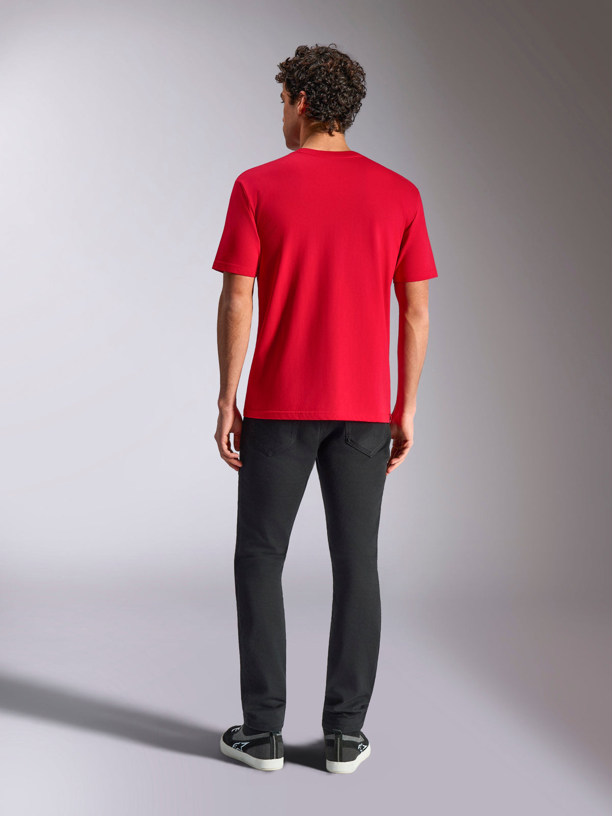 Alpinestars Ride 4.0 CSF Tee, Short Sleeve T-Shirt, Red, Back view, worn with black pants and black sneakers, casual motorsport streetwear