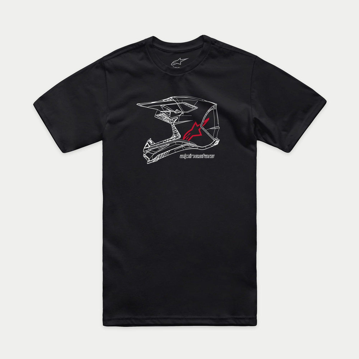 Alpinestars MX Helmet CSF Tee, T-shirt met korte mouwen, zwart, witte wireframe MX-helm graphic met rood Alpinestars-logo en tekst, casual motorsport streetwear