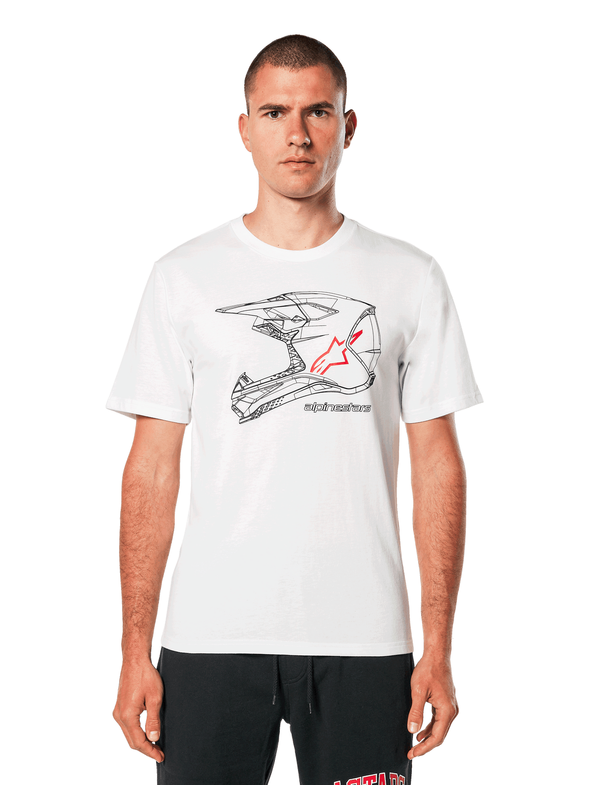 Alpinestars MX Helmet CSF Tee, wit T-shirt met korte mouwen, zwarte wireframe motorcrosshelm-graphic met rood sterlogo, casual motorsport-geïnspireerde streetwear, gedragen door een model