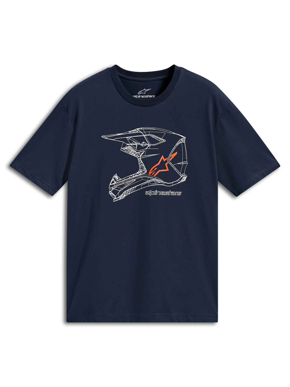 Alpinestars MX Helmet CSF Tee, T-shirt met korte mouwen, donkerblauw, witte MX-helm lijntekening met oranje logo, casual motorsport sportkleding