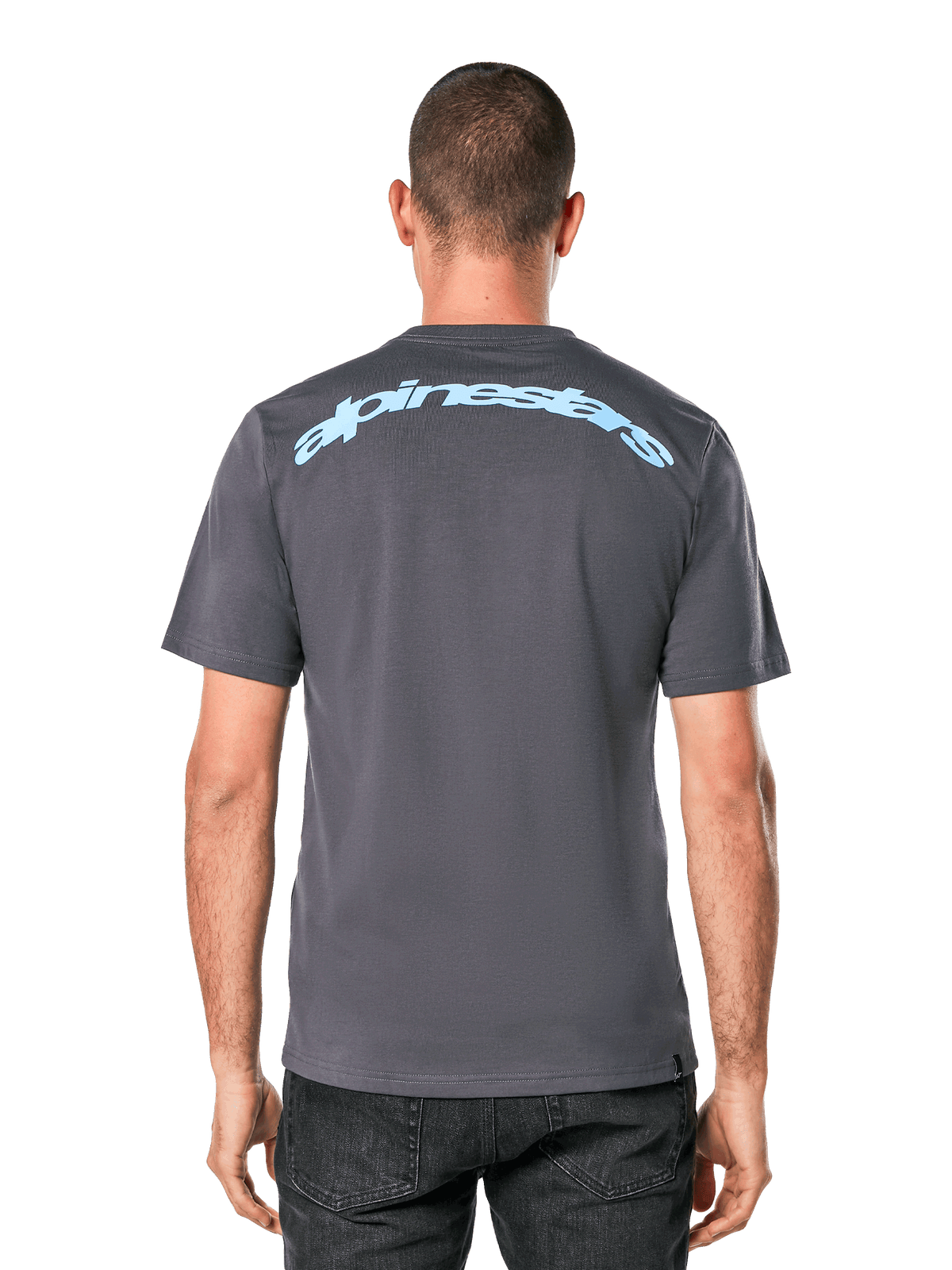 Alpinestars Horizon CSF Tee, T-shirt met korte mouwen, antracietgrijs, achteraanzicht met een lichtblauw Alpinestars booglogo, casual sportkleding
