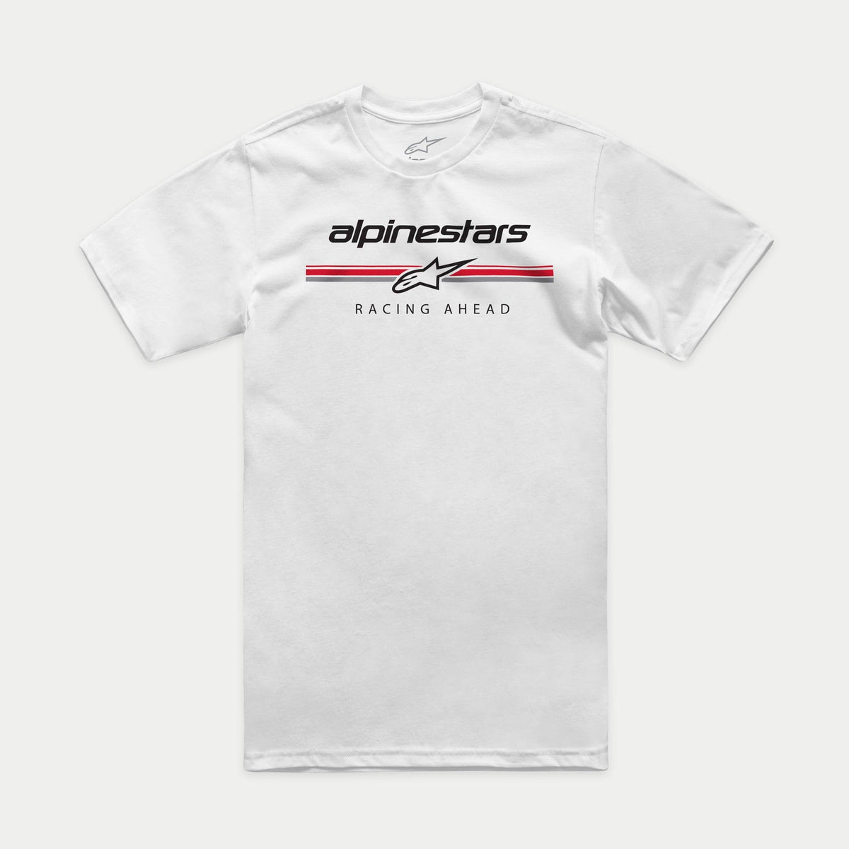Alpinestars Betteryet CSF Tee, T-shirt met korte mouwen, wit, logo in paddock-stijl op de borst met rode en grijze strepen en de tekst 'Racing Ahead', casual motorsport sportkleding