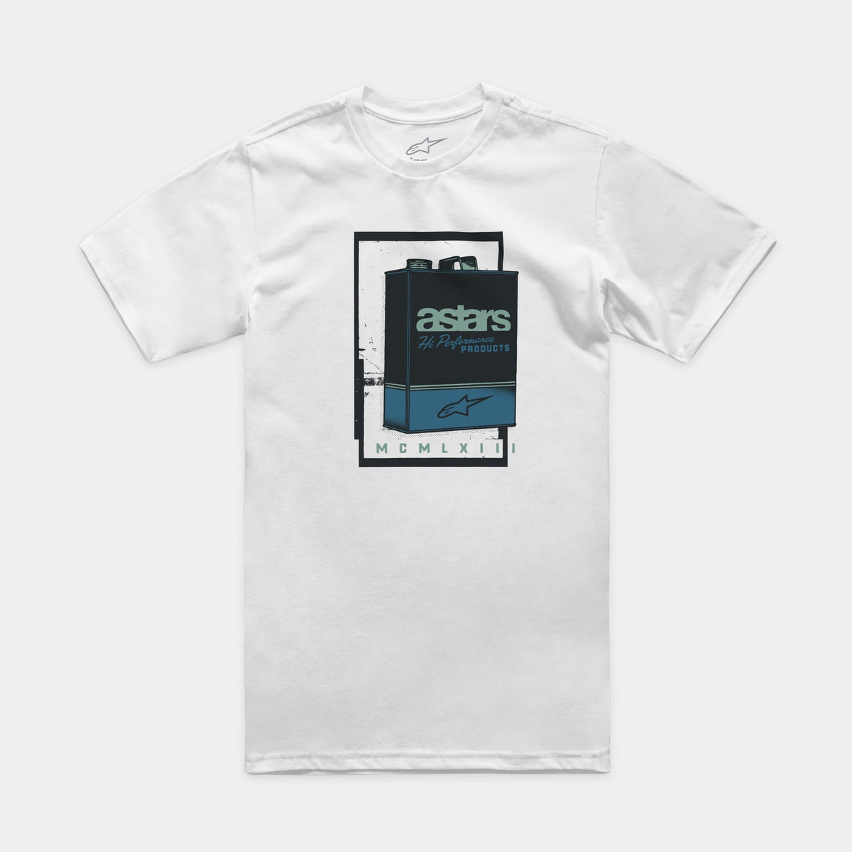 Alpinestars Galun CSF Tee, Short Sleeve T-Shirt, White, featuring a central vintage gas can graphic with 'astars Hi Performance Products' text and Roman numerals, Casual Motorsport Sportswear