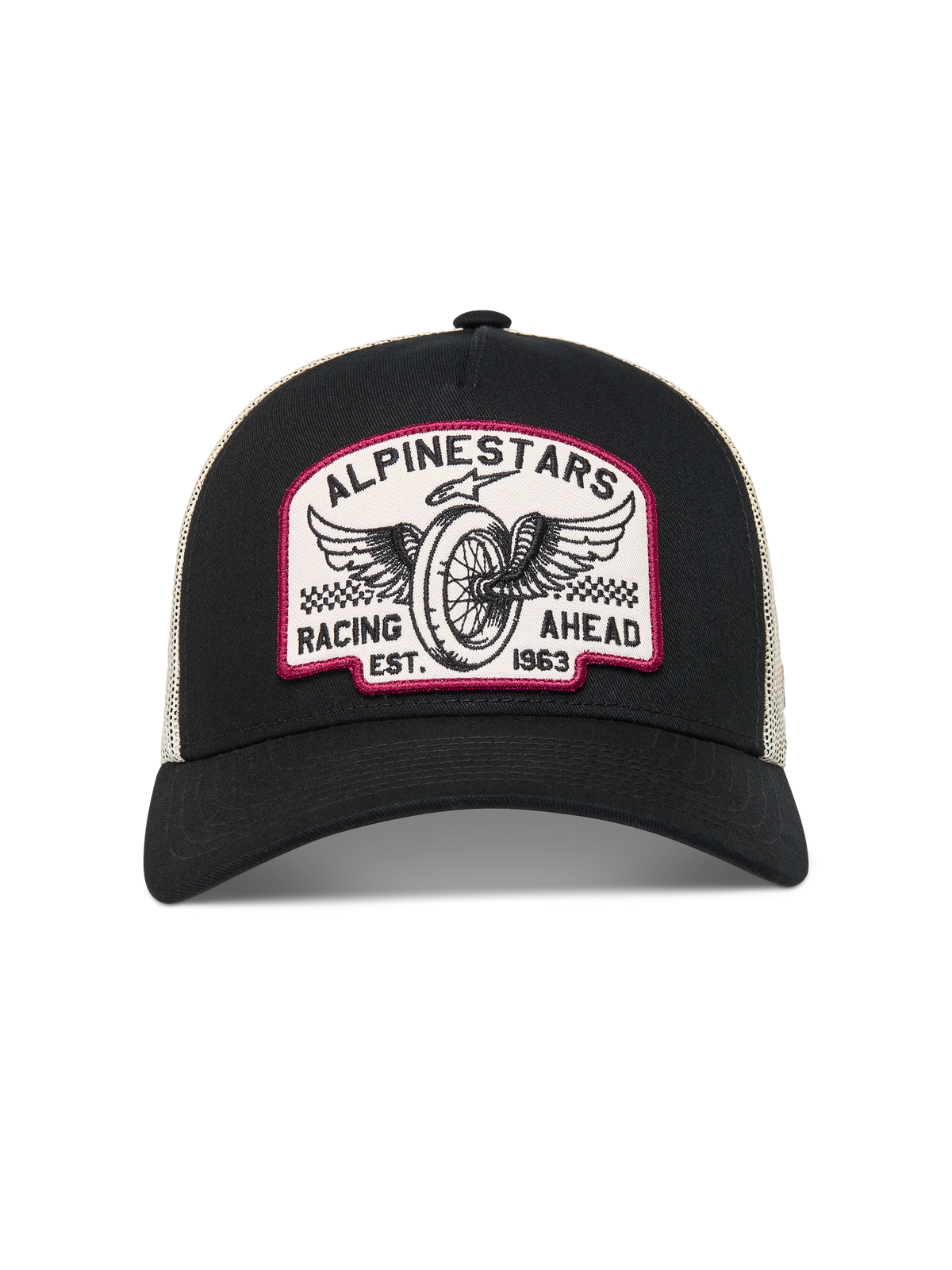 Alpinestars Heritage Patch Trucker pet, zwart en naturel, mesh achterkant met vintage gevleugeld wiel borduurpatch.