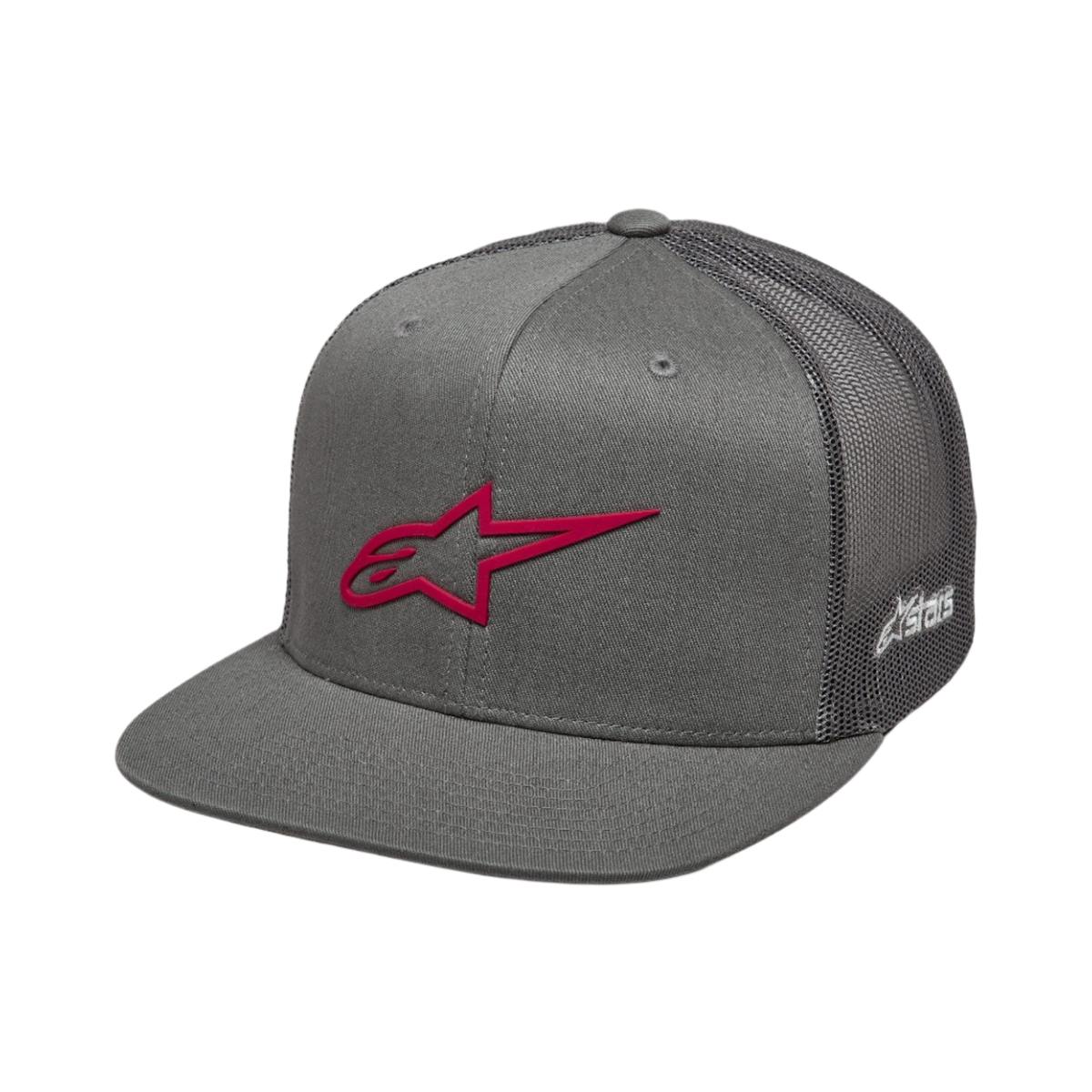 Alpinestars 3D Ageless Trucker pet, grijs en rood, platte klep met gestructureerde kroon, twill voorkant en mesh achterkant, voorzien van een opvallend rood 3D-geborduurd logo op de voorzijde en witte branding op de zijkant, casual motorsport hoofddeksel