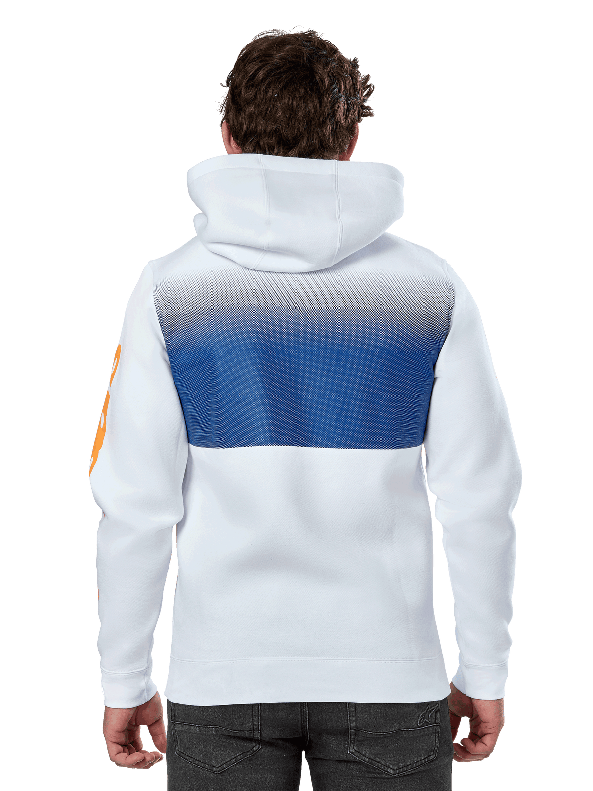 Alpinestars Specter Hoodie, wit, casual streetwear hoodie met een blauwe kleurverloop-print op de achterkant, oranje woordmerk-logo op de mouw, achteraanzicht