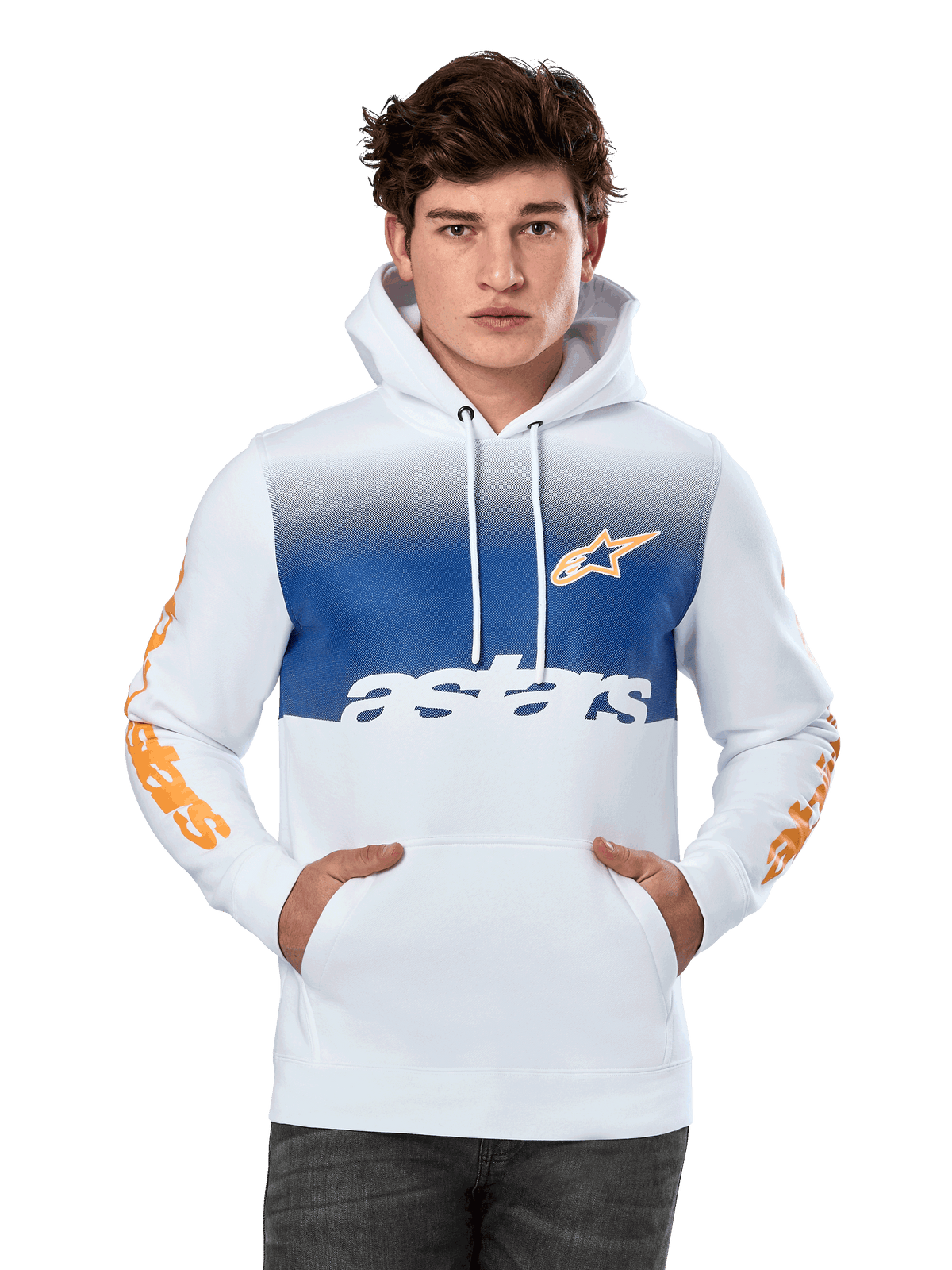 Alpinestars Specter hoodie, wit met blauw kleurverloop op de borst, voorzien van oranje sterlogo en tekst op de mouwen, witte astars-tekst, kangoeroezak aan de voorzijde, capuchon met trekkoord, casual motorsport streetwear