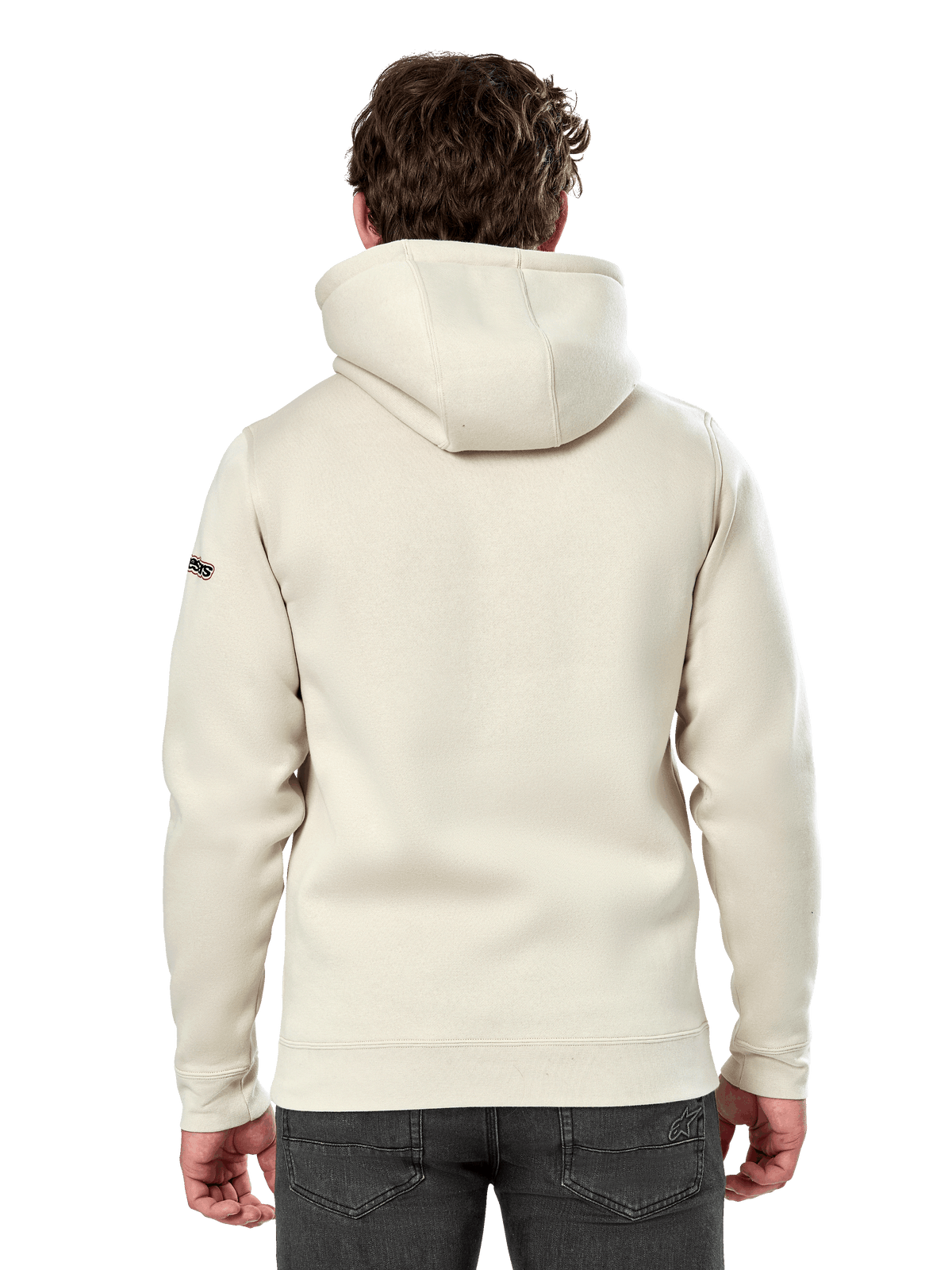 Alpinestars Insignia Hoodie, achteraanzicht van een man die een casual pullover fleece draagt, Off White, met een zelfgevoerde capuchon en ribboorden, motorsport-geïnspireerde streetwear