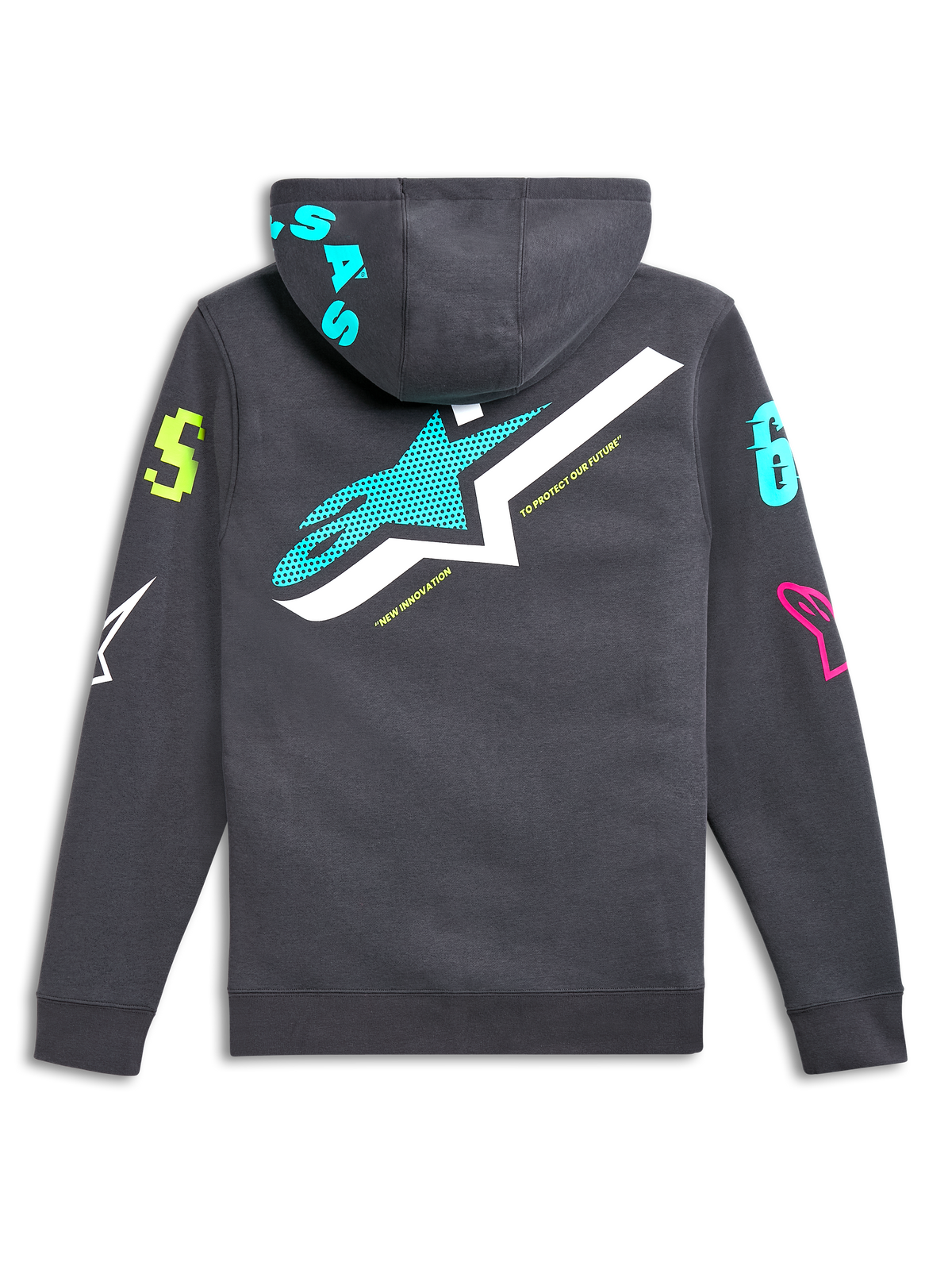 Alpinestars Variegate Hoodie, achteraanzicht, gunmetal grijs met groot blauwgroen en wit sterlogo, levendige veelkleurige grafische logo's op de mouwen en capuchon, casual door motorsport geïnspireerde streetwear