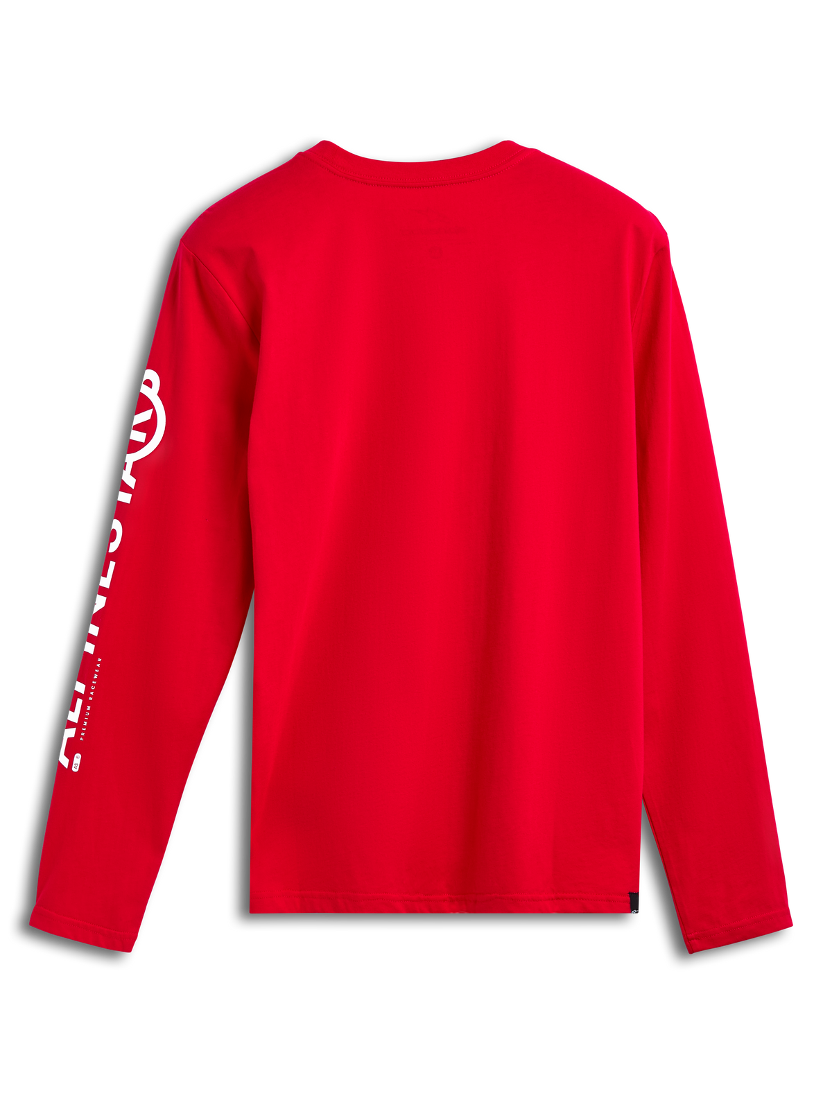 Alpinestars Committed CSF Tee, longsleeve T-shirt, rood, achteraanzicht, verticaal wit Alpinestars-logo op de mouw, casual motorsport-geïnspireerde kleding