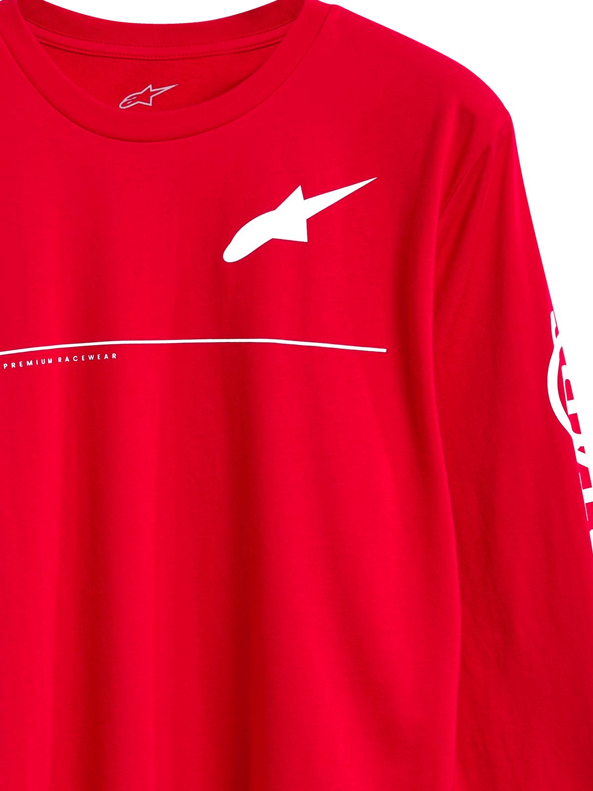 Alpinestars Committed CSF Tee, t-shirt met lange mouwen, rood, wit Astars-logo met Premium Racewear-tekst en horizontale lijn, casual motorsport streetwear
