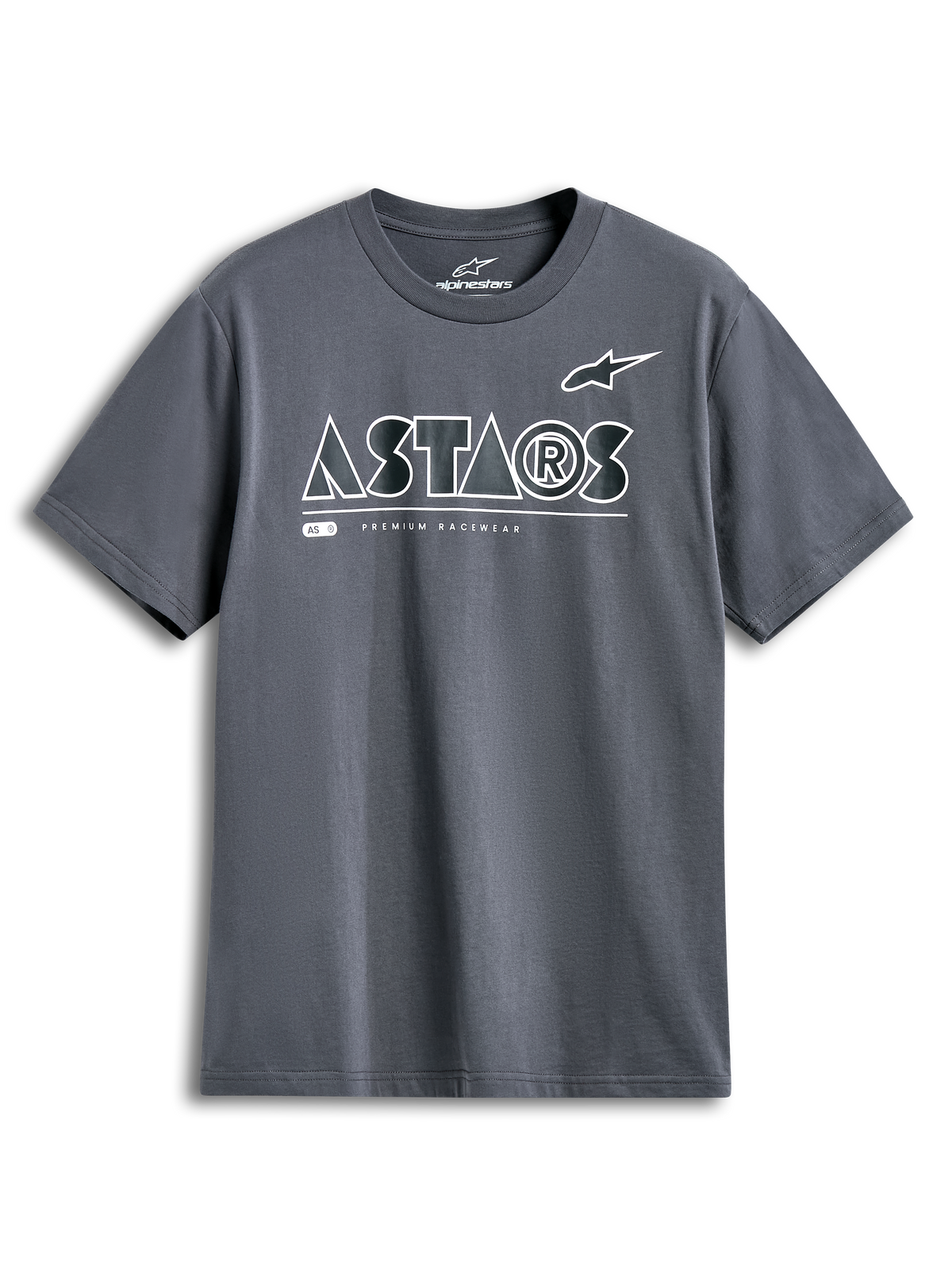 Alpinestars Cereal CSF Tee, t-shirt met korte mouwen, charcoal, wit geometrisch ASTARS-logo met Premium Racewear-tekst, casual motorsport streetwear