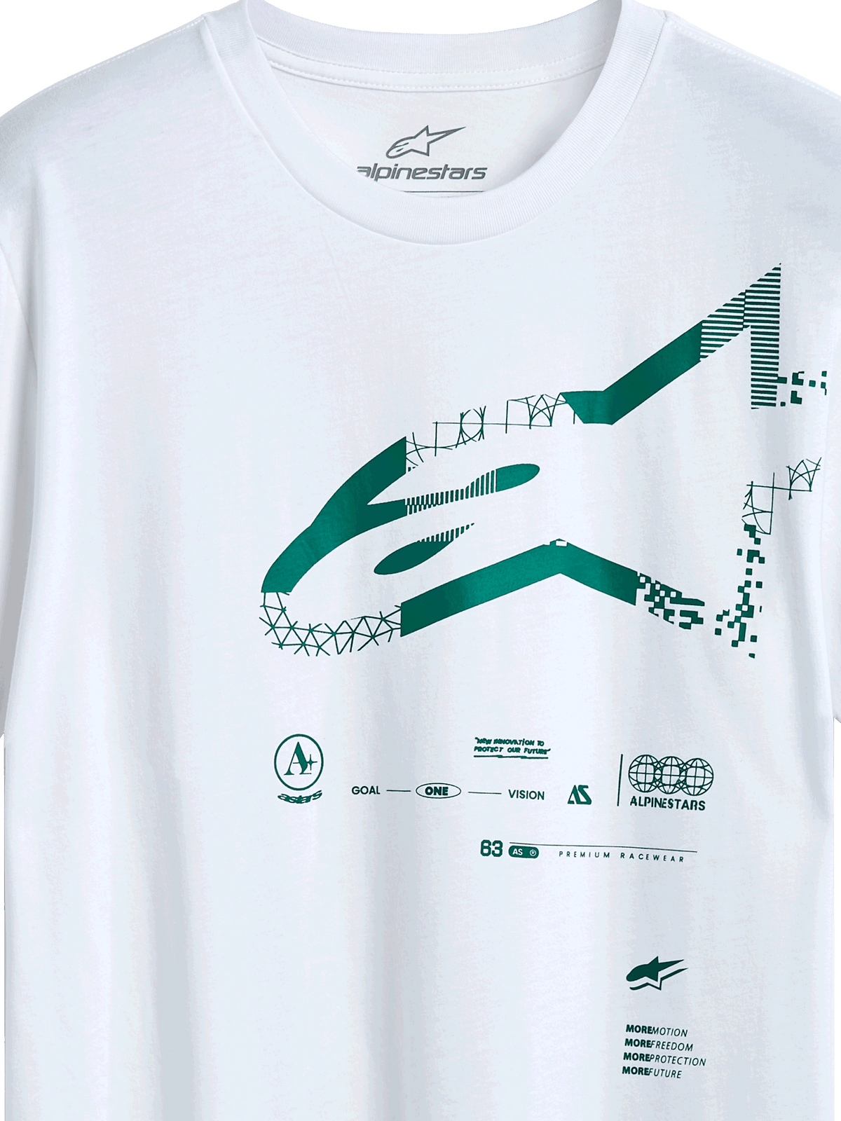 Alpinestars Geografica CSF Tee, T-shirt met korte mouwen, wit, groen Multi-Tech Astars-logo met geometrische en gepixelde graphics, casual motorsport streetwear