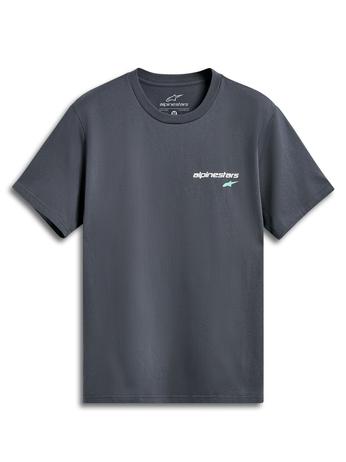Alpinestars No Barrier CSF Tee, T-shirt met korte mouwen, antracietgrijs, klein wit tekstlogo met mintgroene ster op de borst, casual door motorsport geïnspireerde streetwear