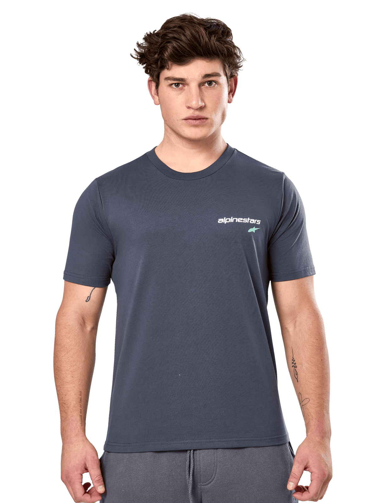 Alpinestars No Barrier CSF T-shirt, T-shirt met korte mouwen, donkergrijs, wit Alpinestars-logo met een blauwgroene ster op de borst, casual motorsport streetwear