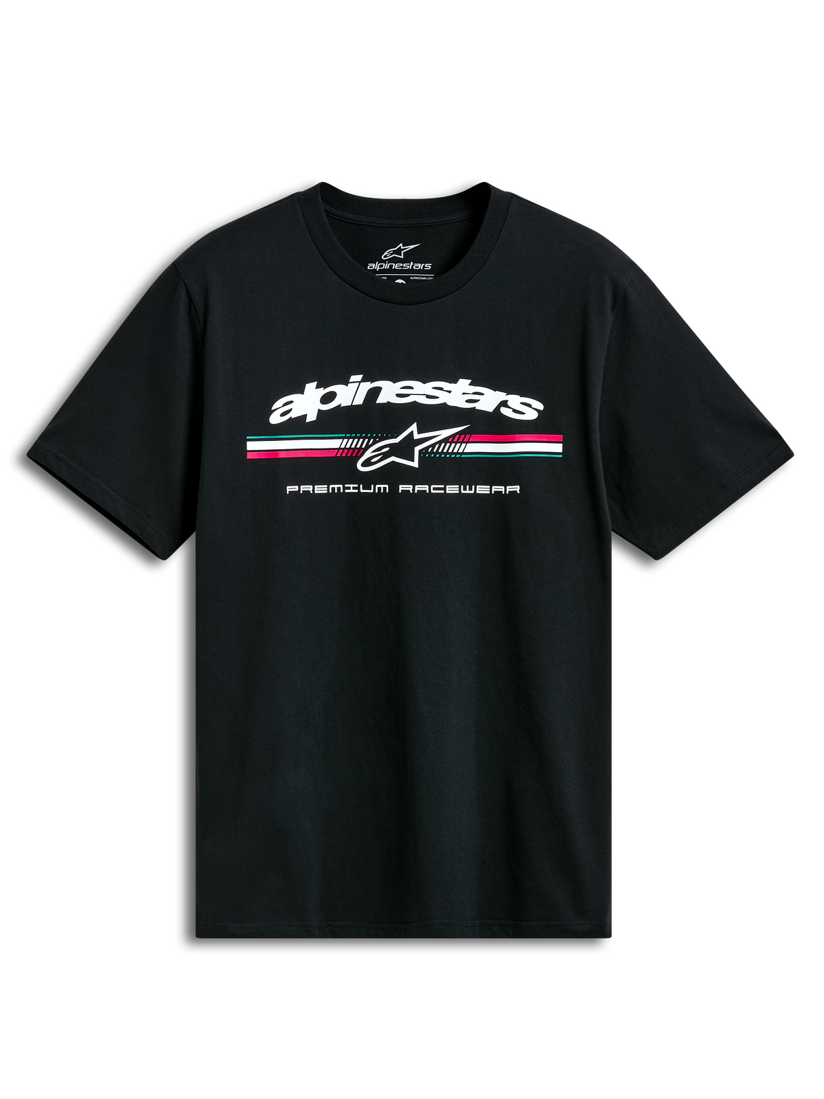 Alpinestars Prevail CSF T-shirt met korte mouwen, zwart, paddock-stijl driekleurig streep logo op de voorkant, casual sportswear.