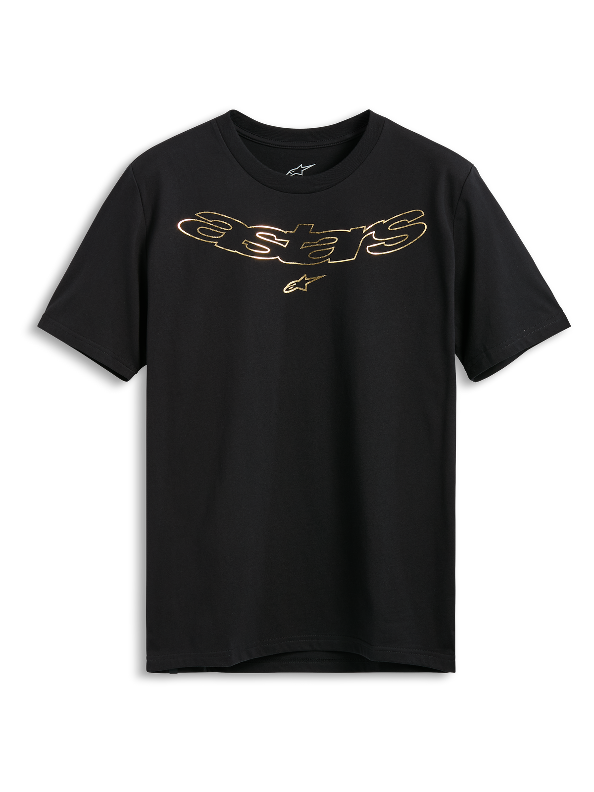 Alpinestars Luxo CSF Tee, T-shirt met korte mouwen, zwart, metallic goudkleurig Astars-logo met stersymbool op de borst, casual motorsport streetwear