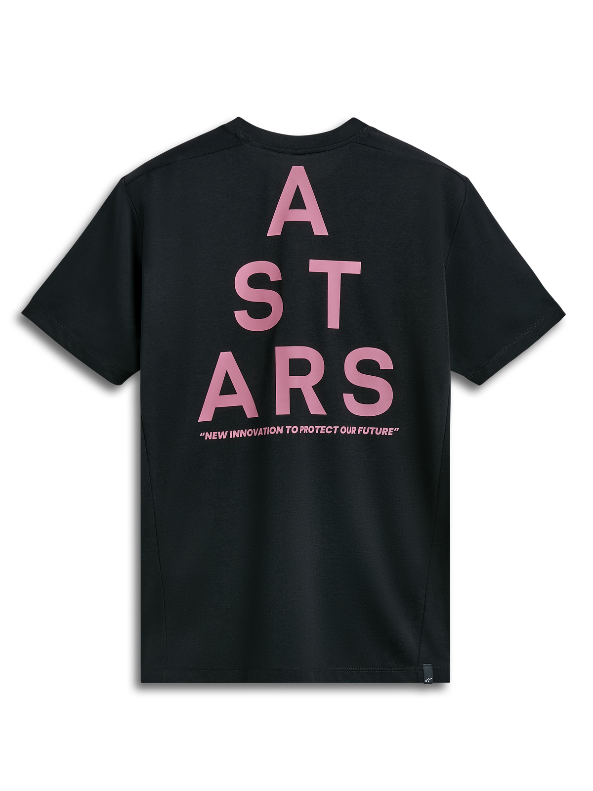Alpinestars Attrition Performance Tee, T-shirt met korte mouwen, zwart, achteraanzicht met een grote roze ASTARS-blokgraphic en de tekst 'NEW INNOVATION TO PROTECT OUR FUTURE', duurzame prestatiegerichte sportkleding