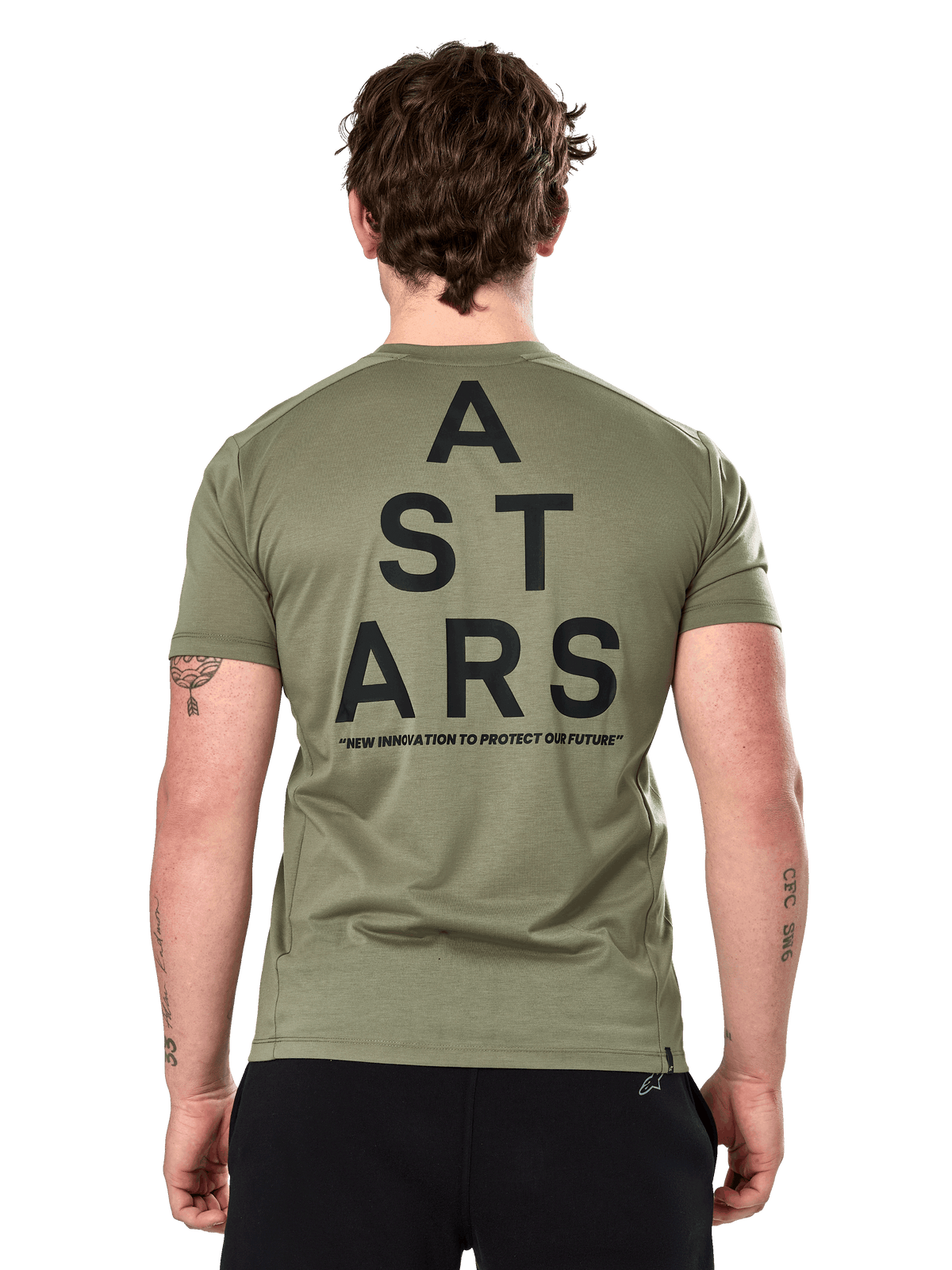 Alpinestars Attrition Performance Tee, T-shirt met korte mouwen, lichtgroen, achteraanzicht met grote zwarte gestapelde 'A STARS' grafische print en 'NEW INNOVATION TO PROTECT OUR FUTURE' tekst, duurzame sportkleding