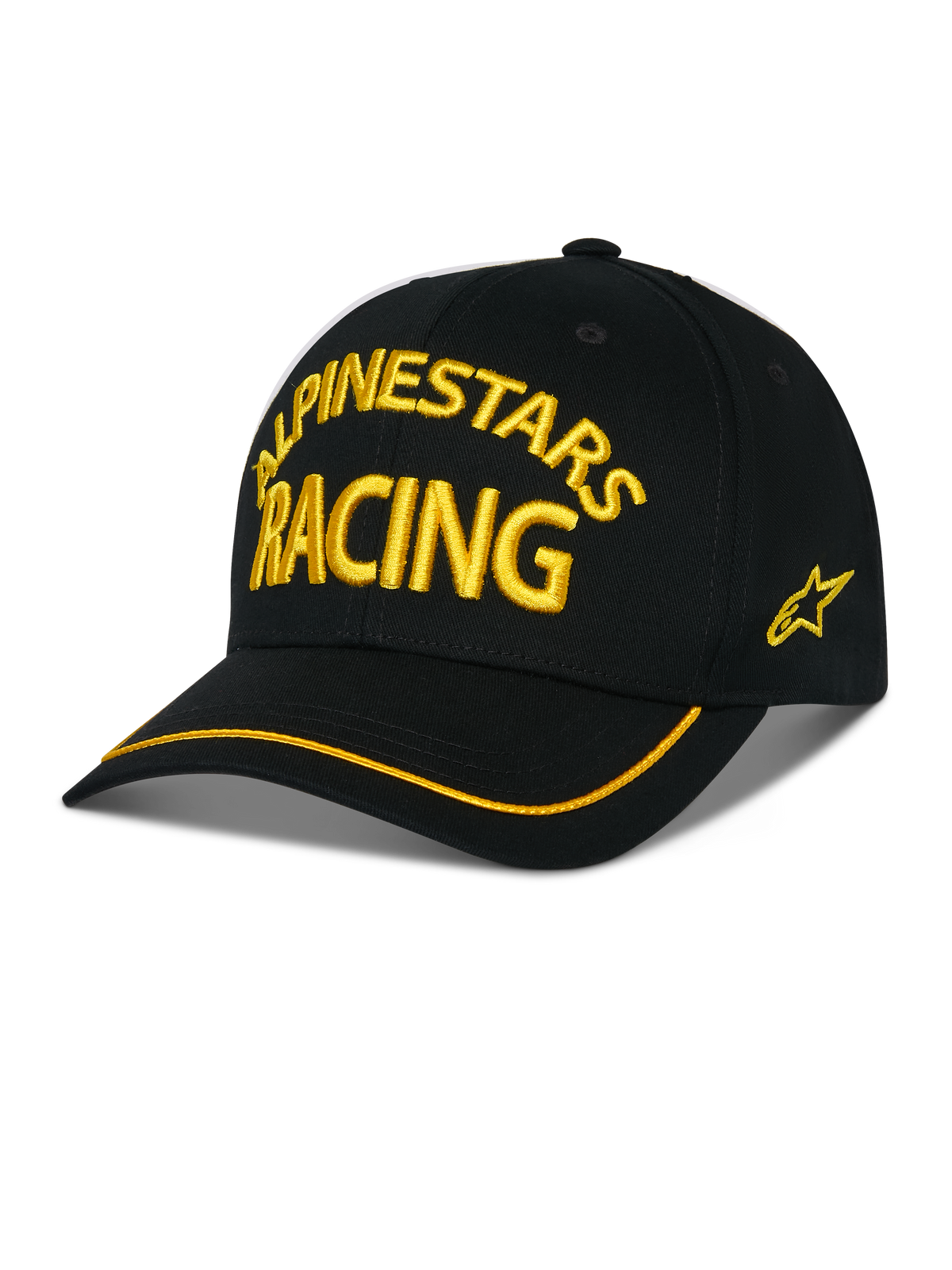 Alpinestars Luminary pet, zwarte baseballcap met geel ALPINESTARS RACING 3D-borduurwerk, gebogen klep met gele bies, sterlogo aan de zijkant, casual motorsport streetwear