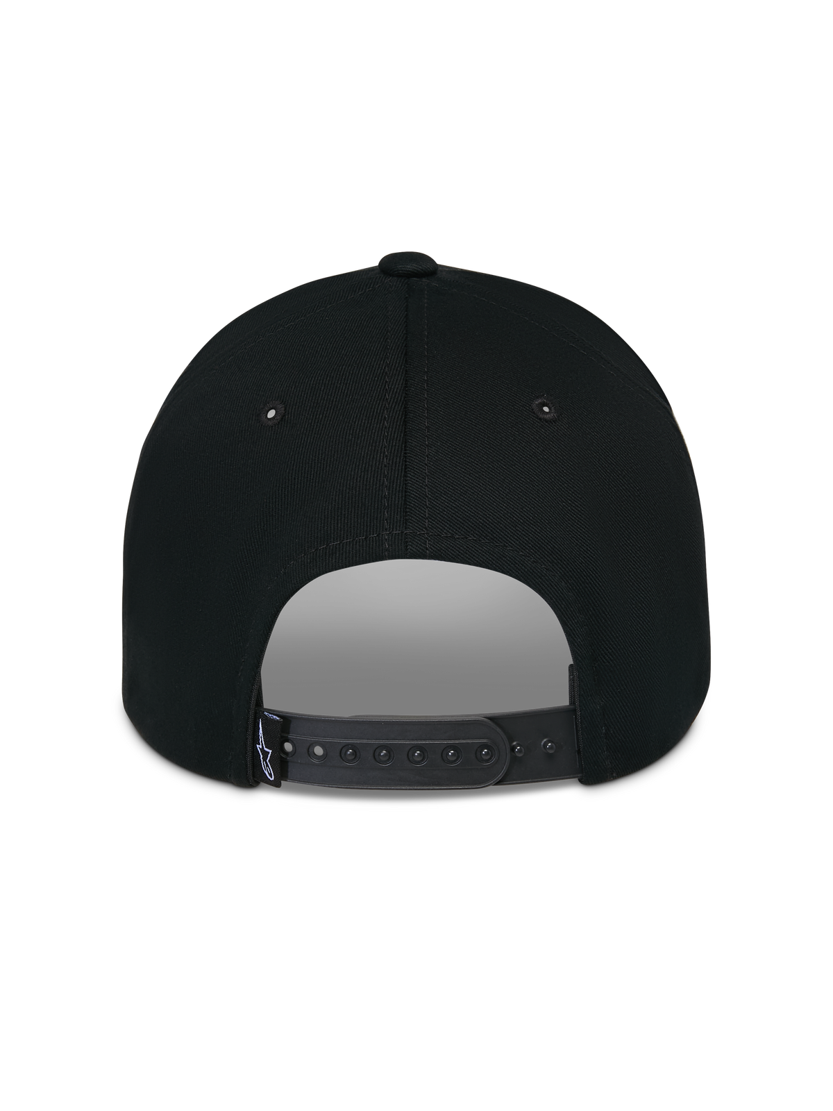 Alpinestars Luminary pet, zwart, achteraanzicht met verstelbare snapback-sluiting en klein geweven logo-label, gestructureerde katoenen kroon, casual motorsport-geïnspireerde hoofdbedekking