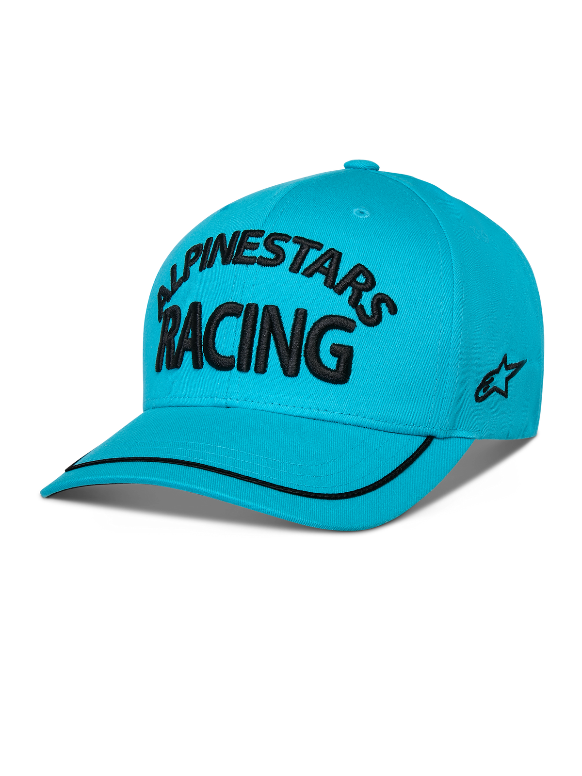 Alpinestars Luminary pet, aqua blauwe snapback met gebogen klep, zwart 3D-geborduurd 'ALPINESTARS RACING' logo, plat geborduurd logo aan de zijkant en zwarte sutache-rand op de klep, casual motorsportstijl